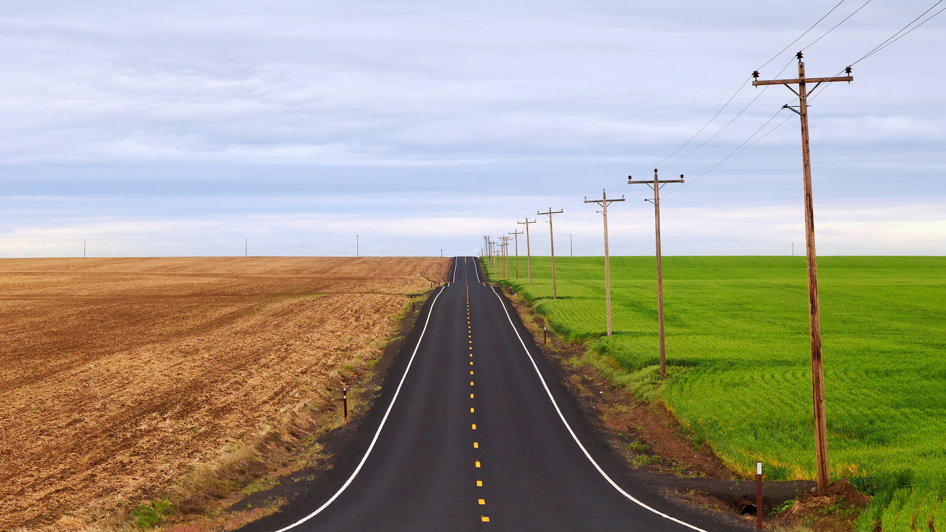 clouds, fields, landscapes, pattern, poles, roads, sky
