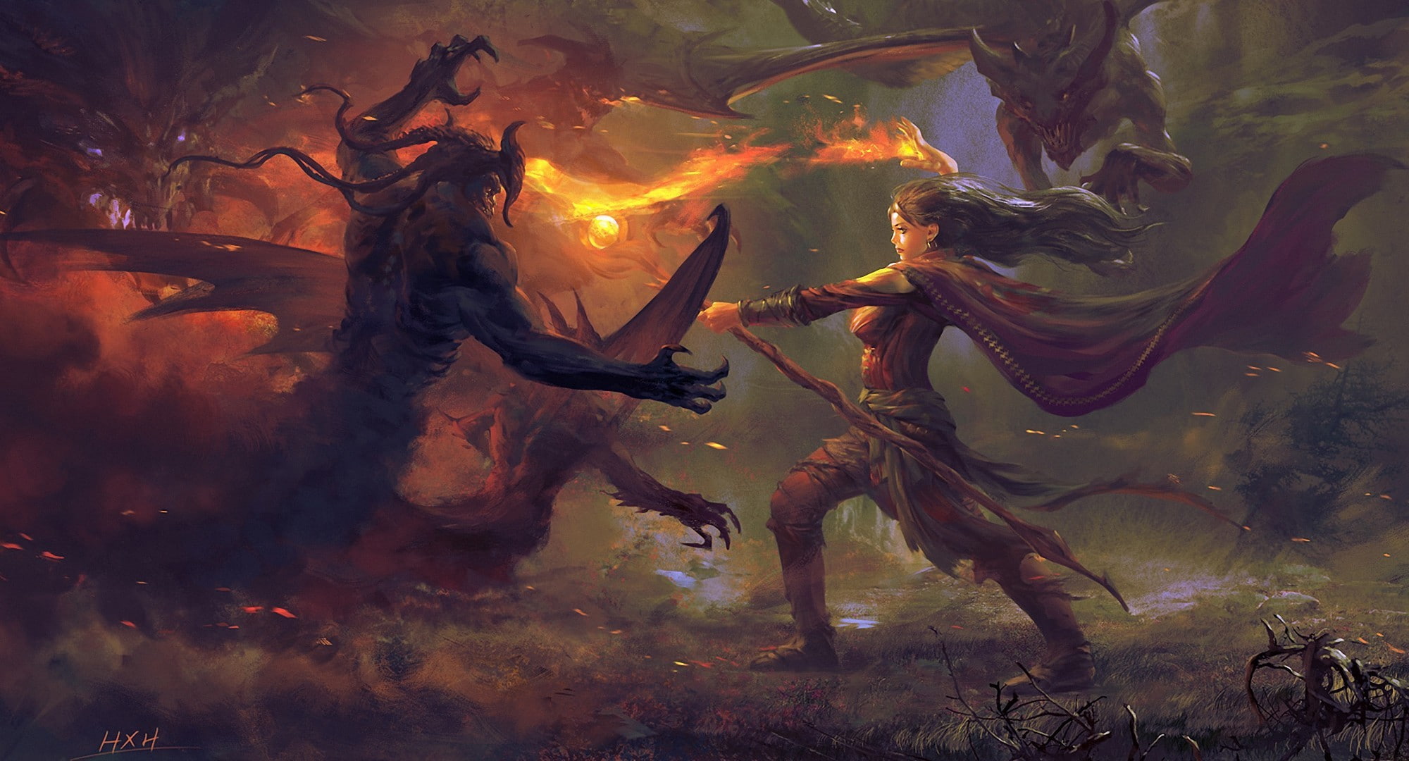 woman holding flaming sword fighting demon painting, girl, fire