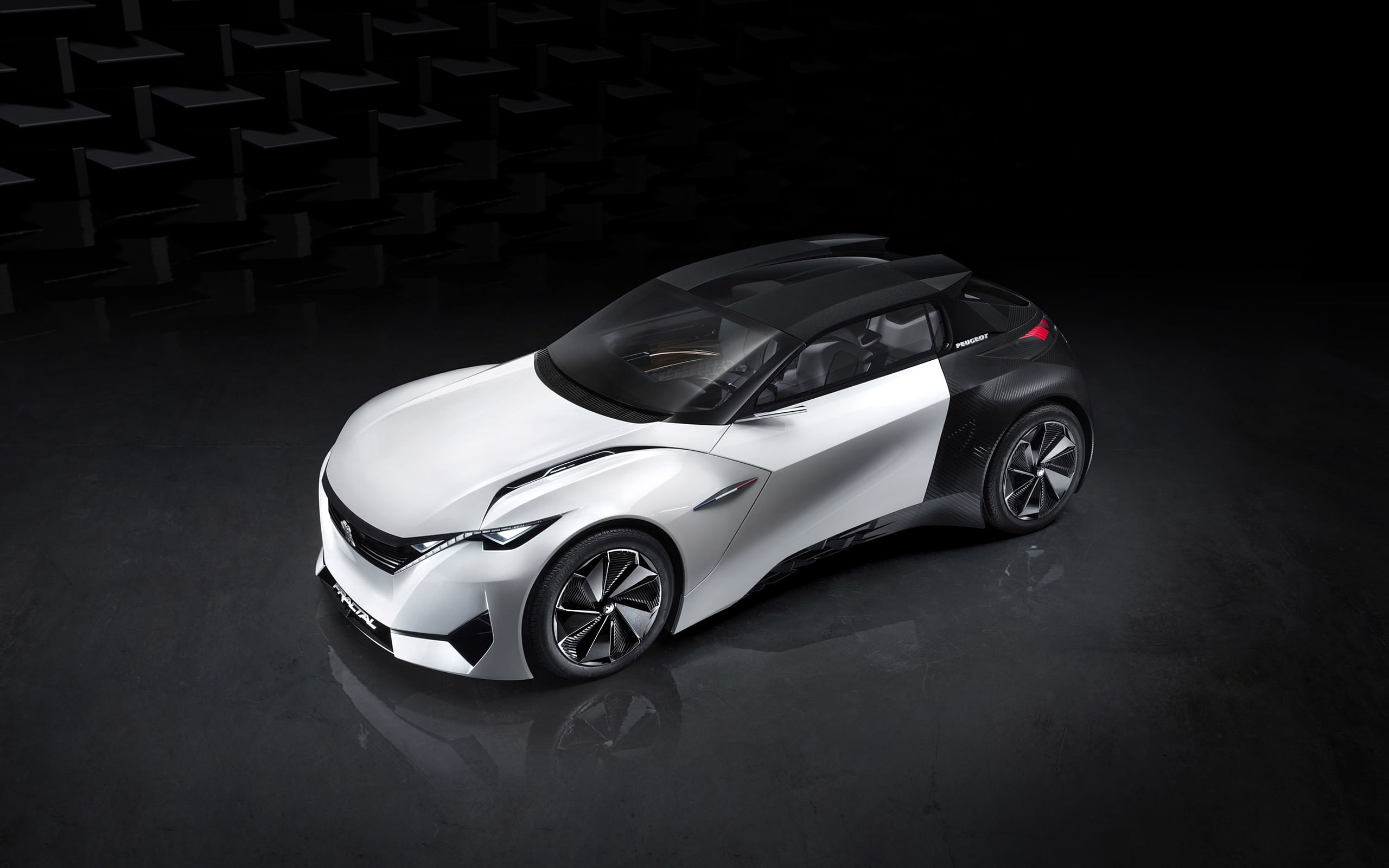 gray and black coupe, peugeot, fractal, concept, top view, car