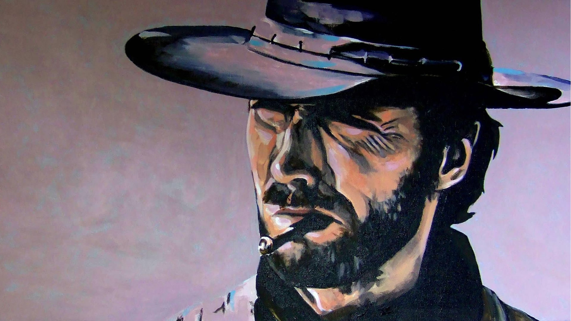 Clint Eastwood Smoking HD, beard, colors, dark, hat, squinting
