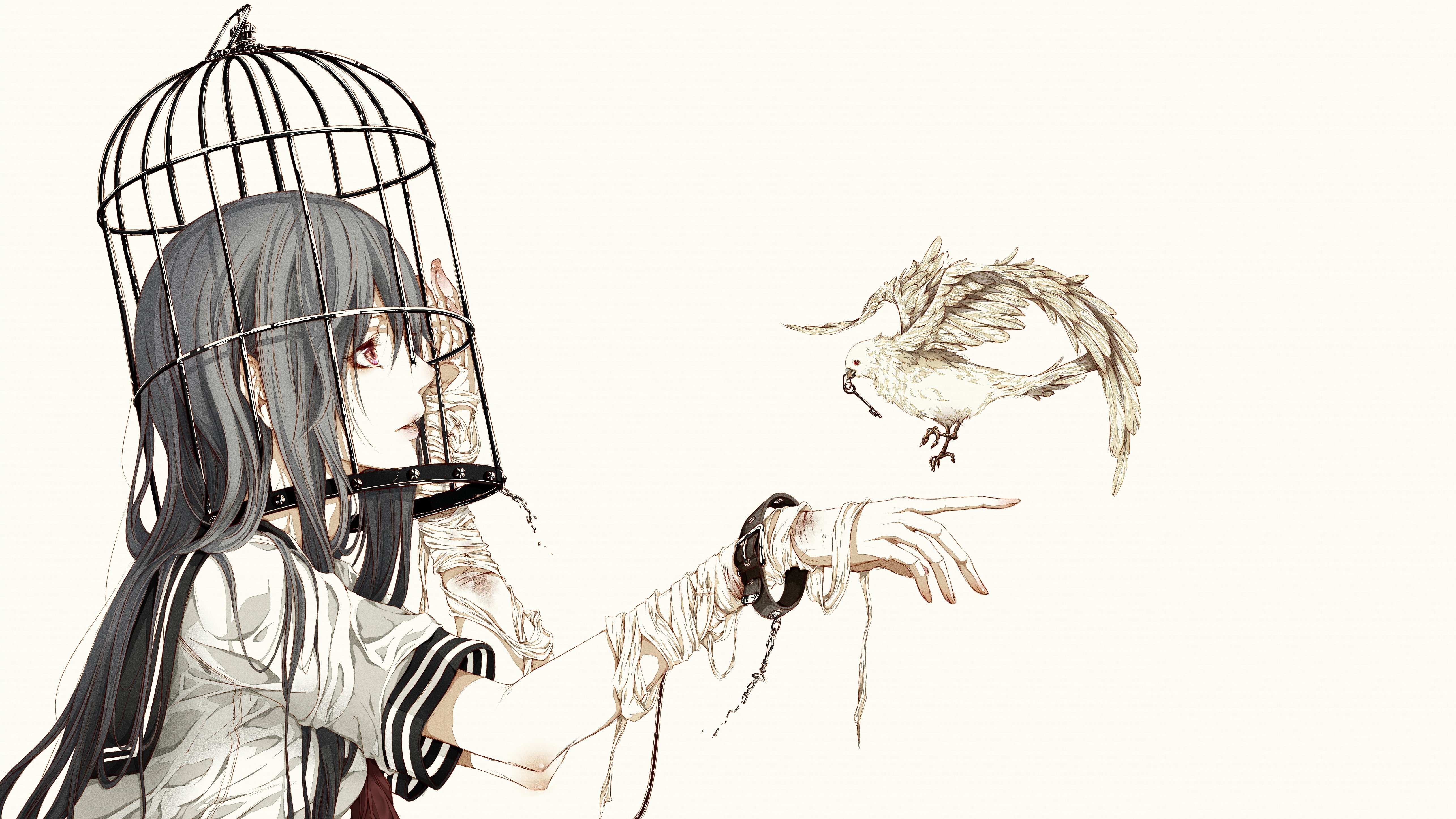 cages bandage anime girls school uniform birdcage birds original characters