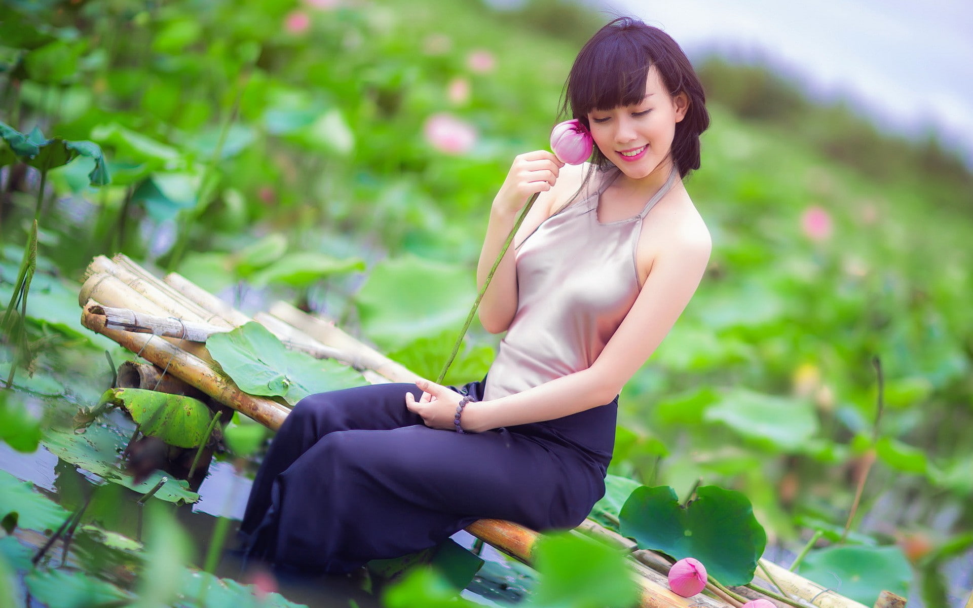 women outdoors, Asian, model, smiling, young adult, one person