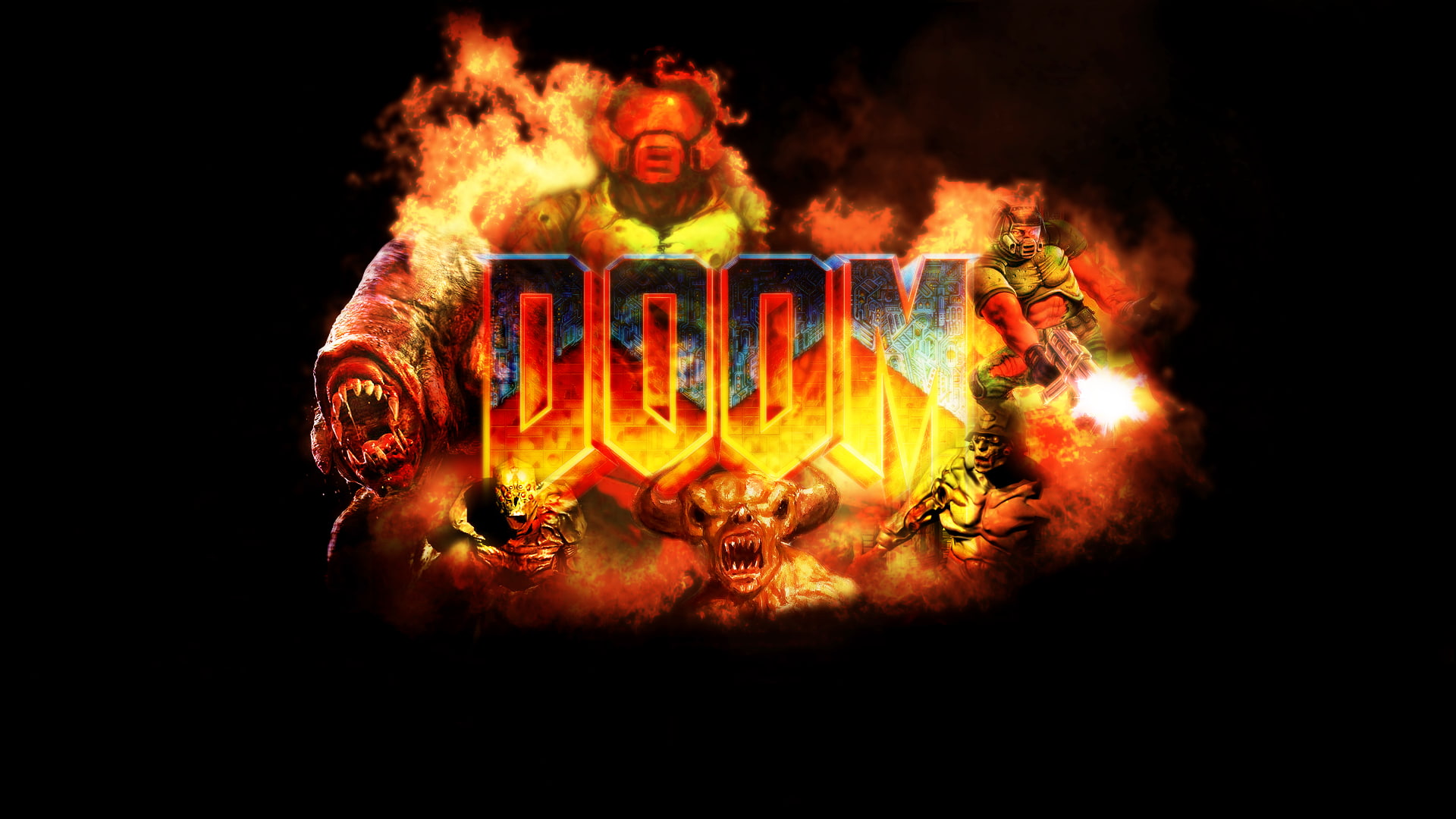 doom illustration, Doom (game), video games, flame, burning, fire