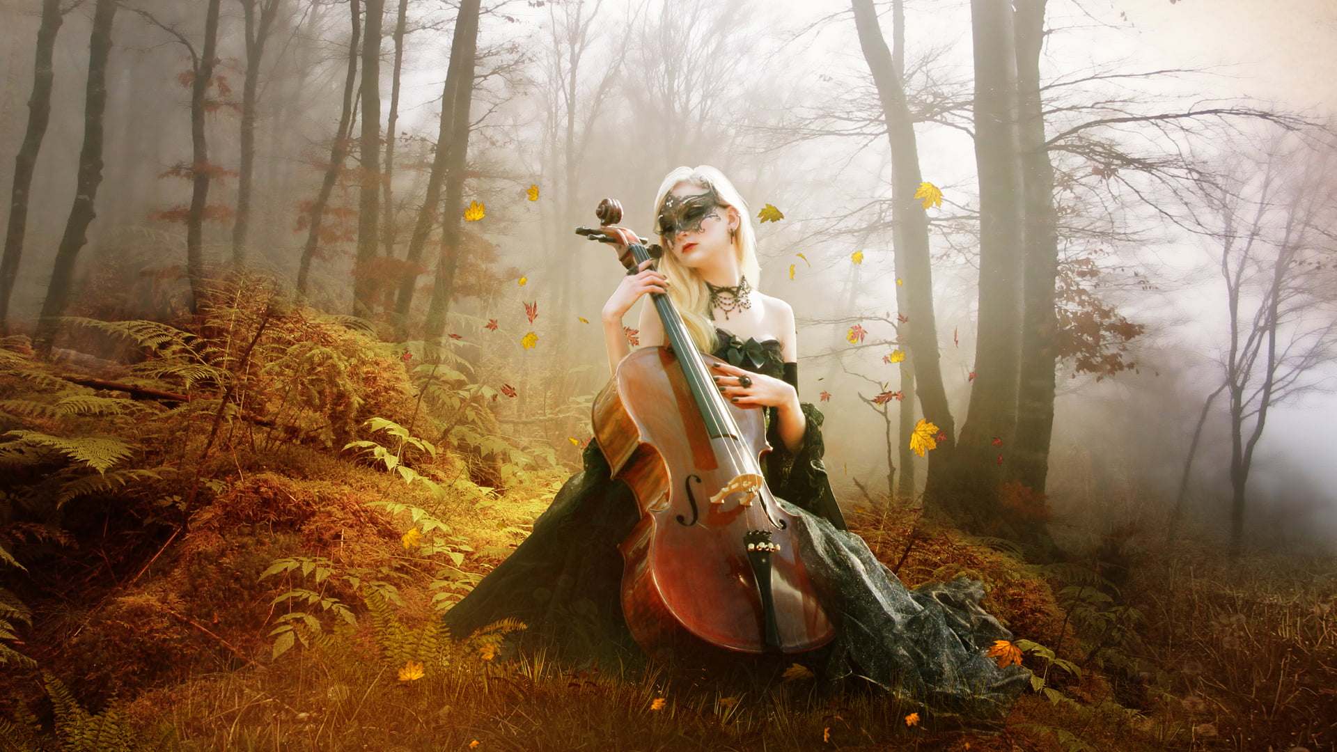 brown cello, autumn, forest, leaves, girl, trees, bass, plant