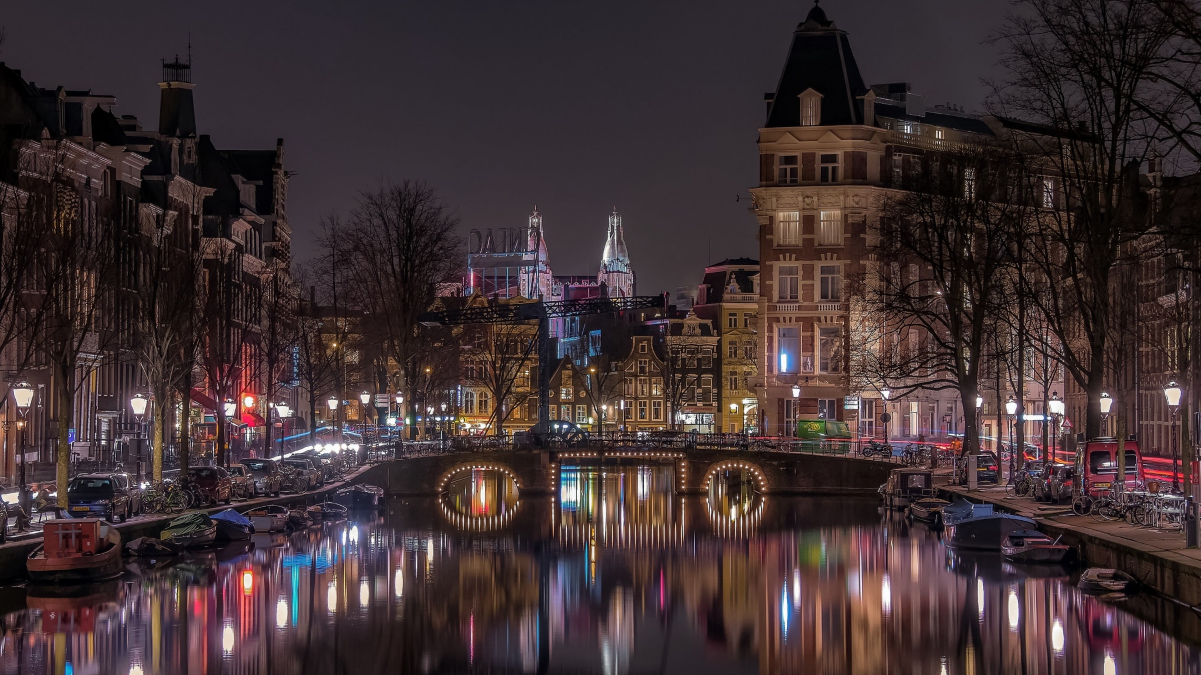 amsterdam, europe, city lights, canal, reflection, netherlands