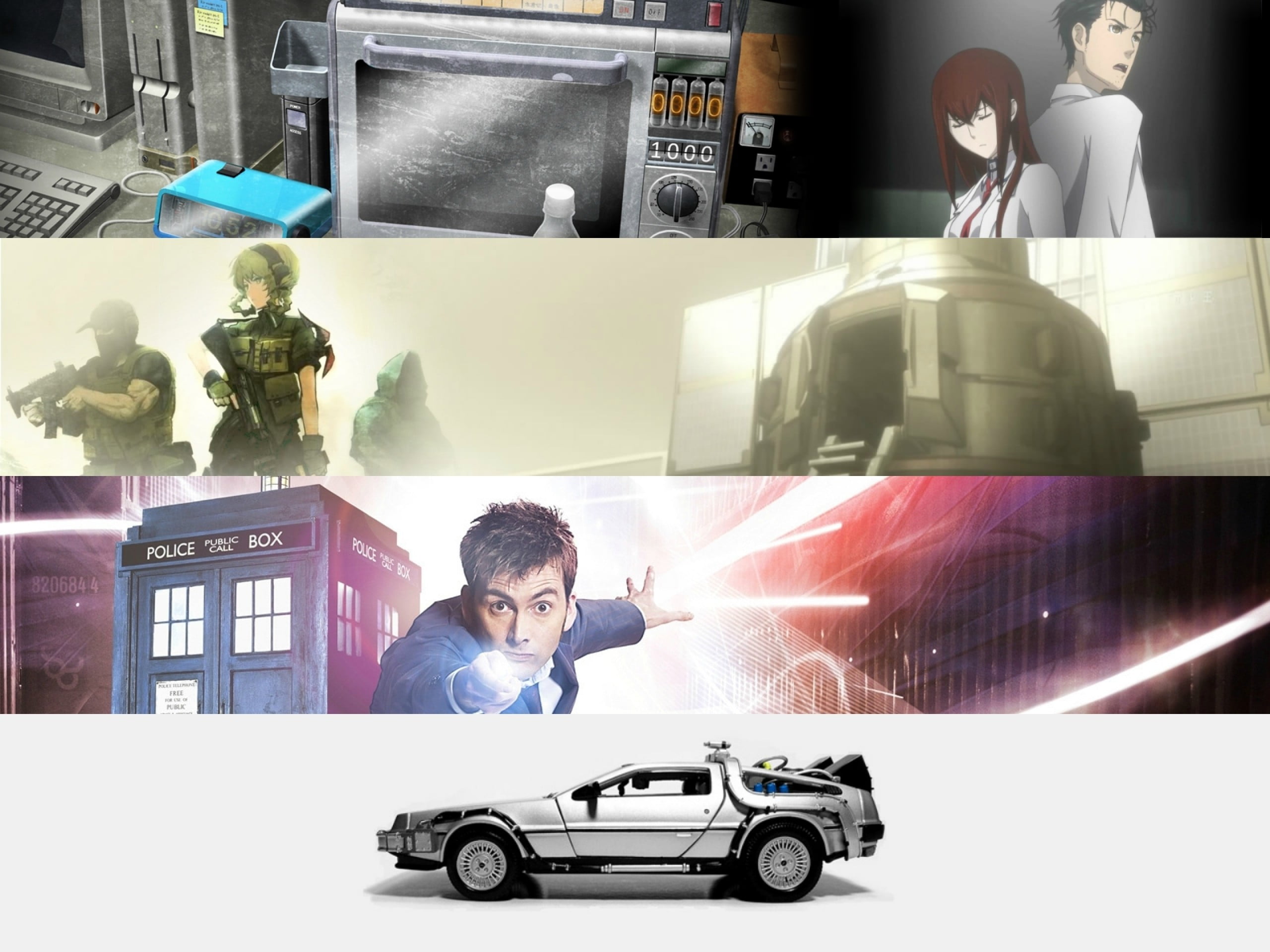 white coupe collage, Steins;Gate, Doctor Who, Back to the Future
