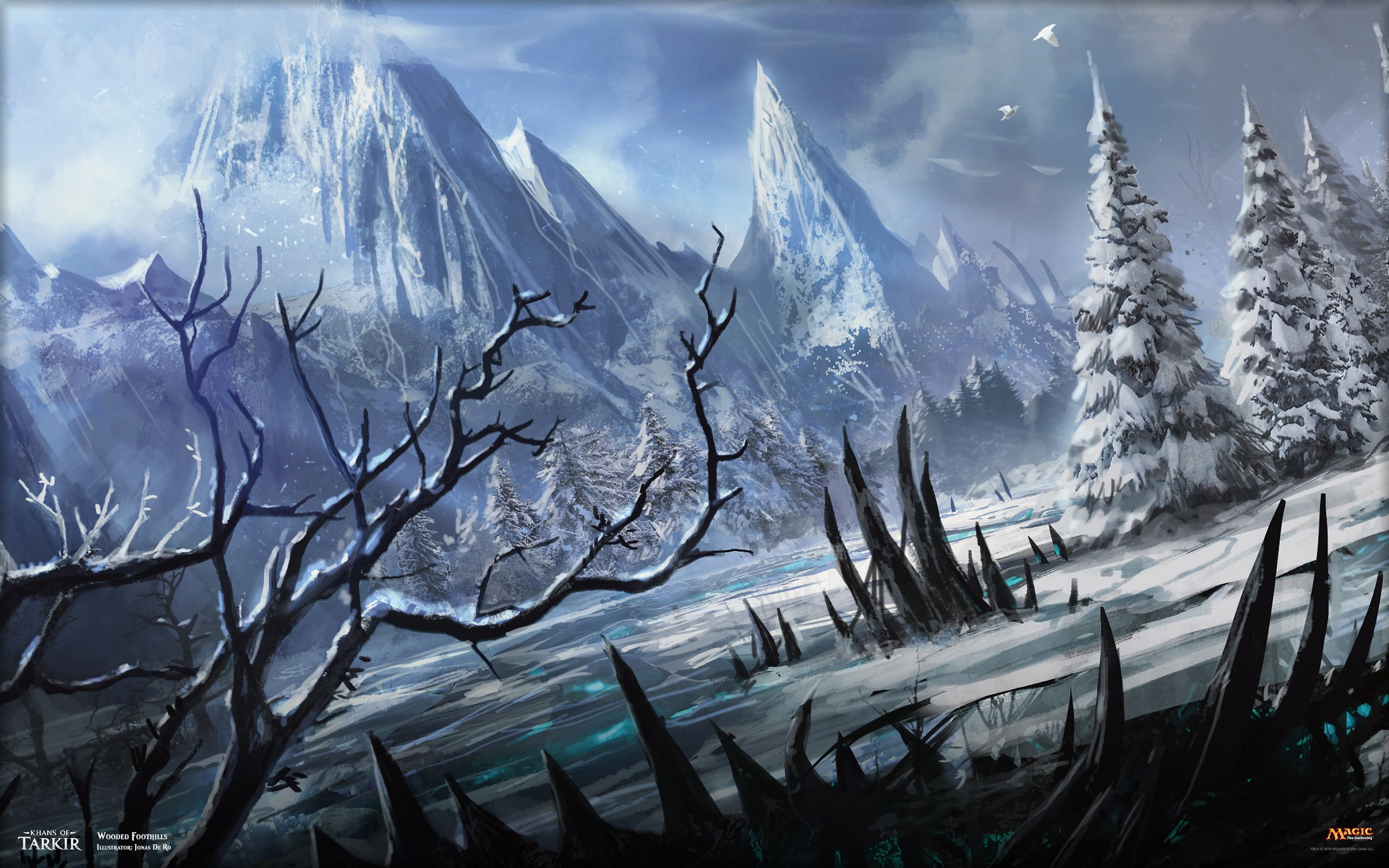snow capped mountains near trees and frozen river wallpaper, Magic: The Gathering