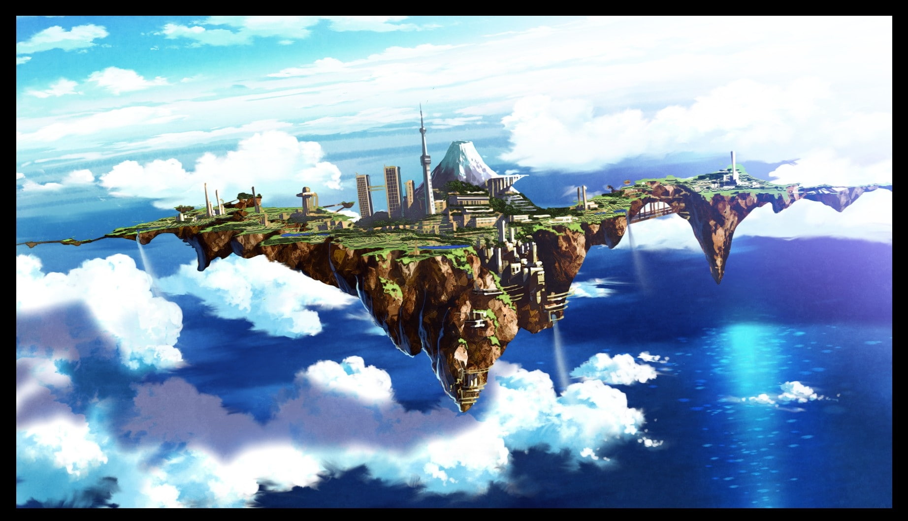 ocean clouds fantasy art anime city in the sky cities blue skies sea Nature Sky HD Art