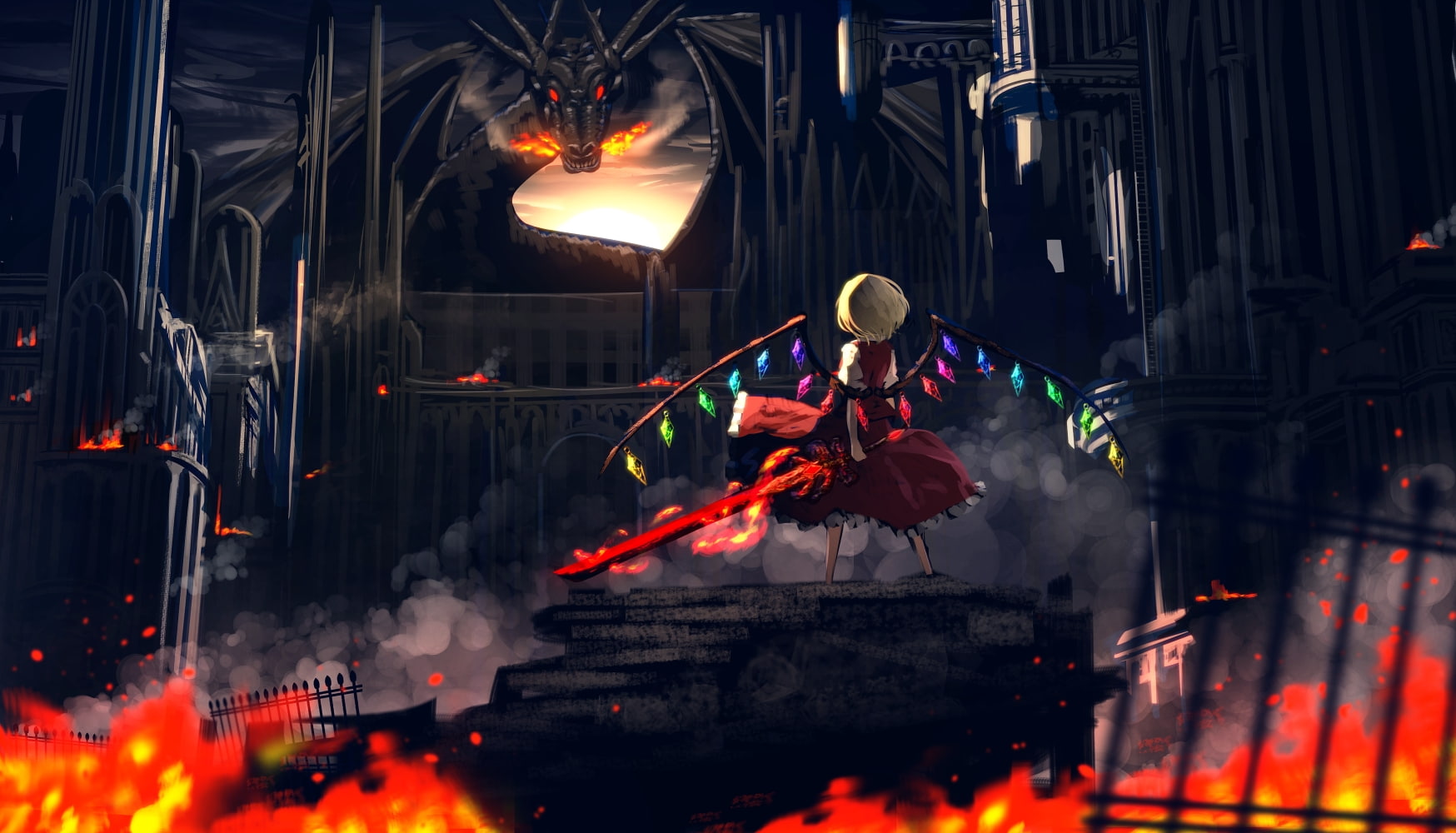 touhou, flandre scarlet, back view, dragon, fire, sword, crystal wings