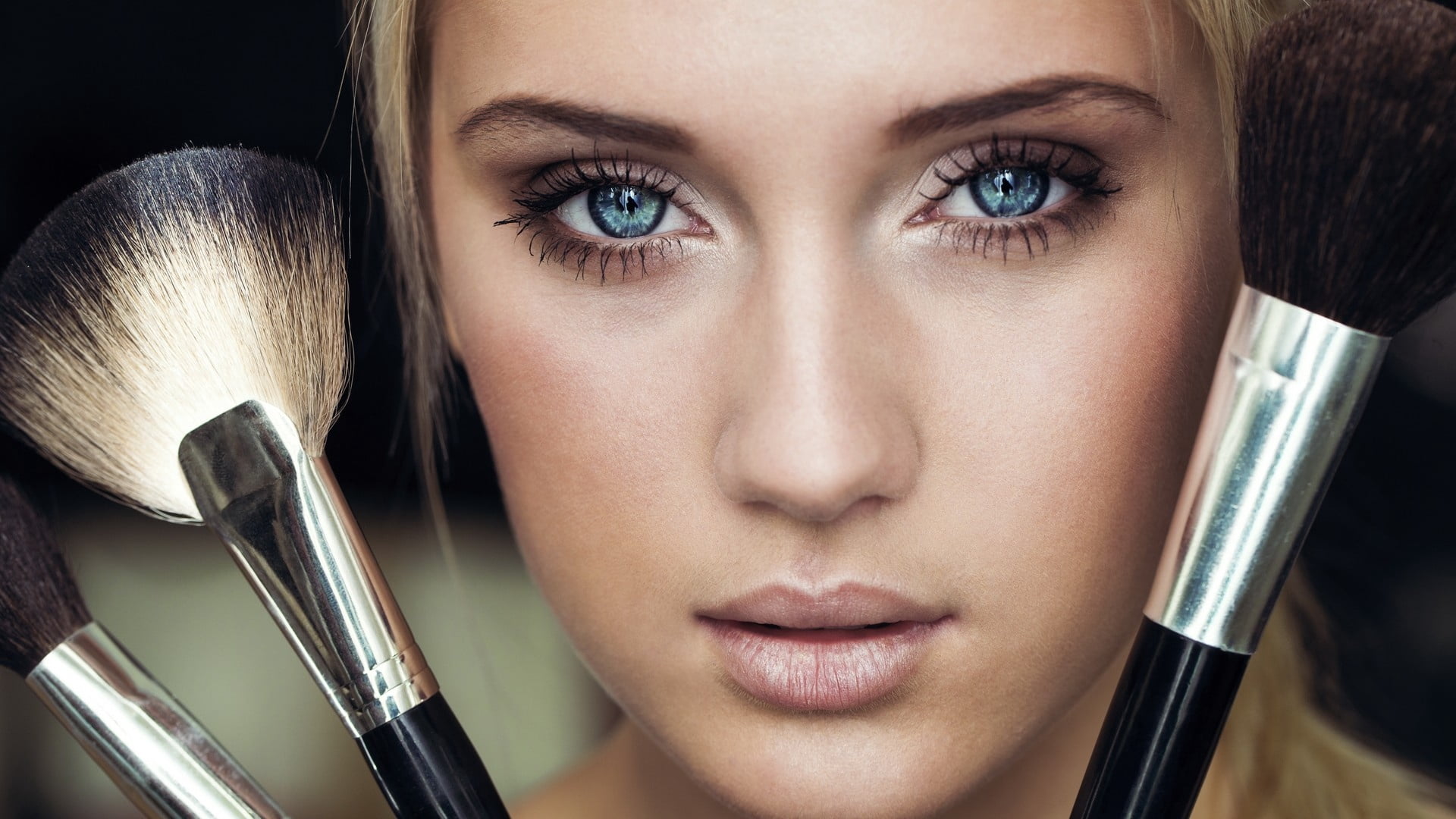 three black makeup brushes, blue-eyed, girl, eyes, blonde, beauty Product