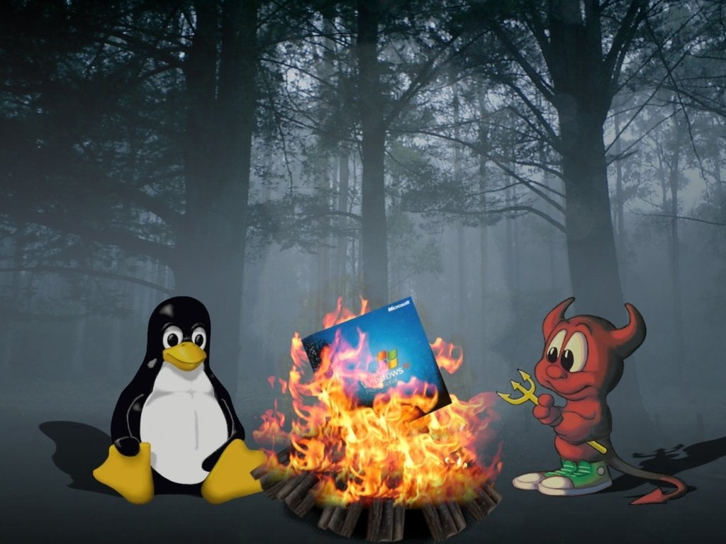 Linux logo, Technology, Devil, Fog, Windows, burning, tree, fire