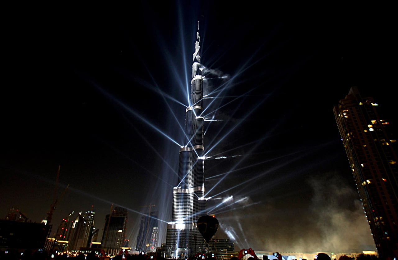 Burj Khalifa, Architecture, High Building, City, Night, Lights, Dark, Rays
