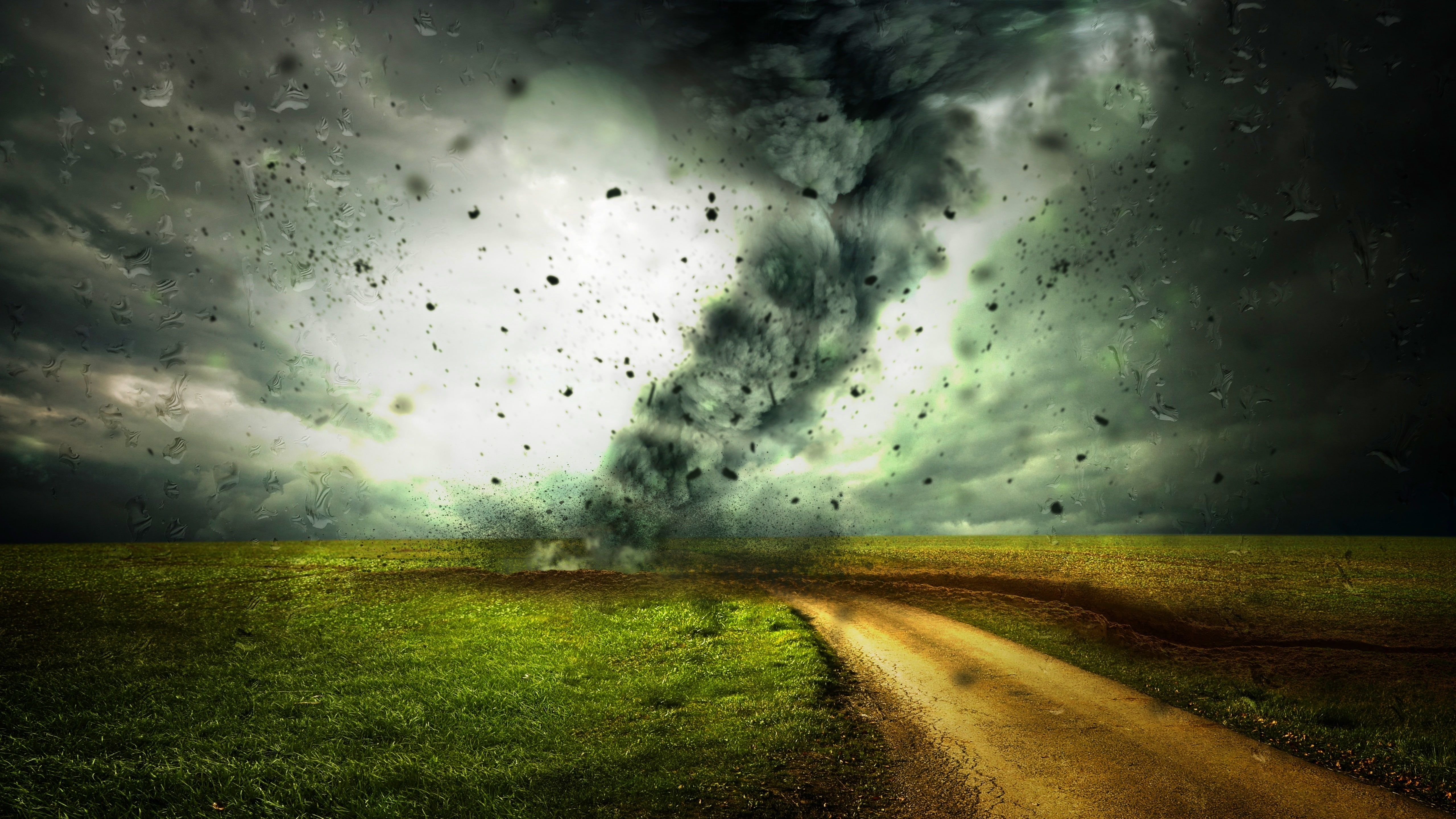 tornado, supercell, storm, whirlwind, dirt road, meadow, field