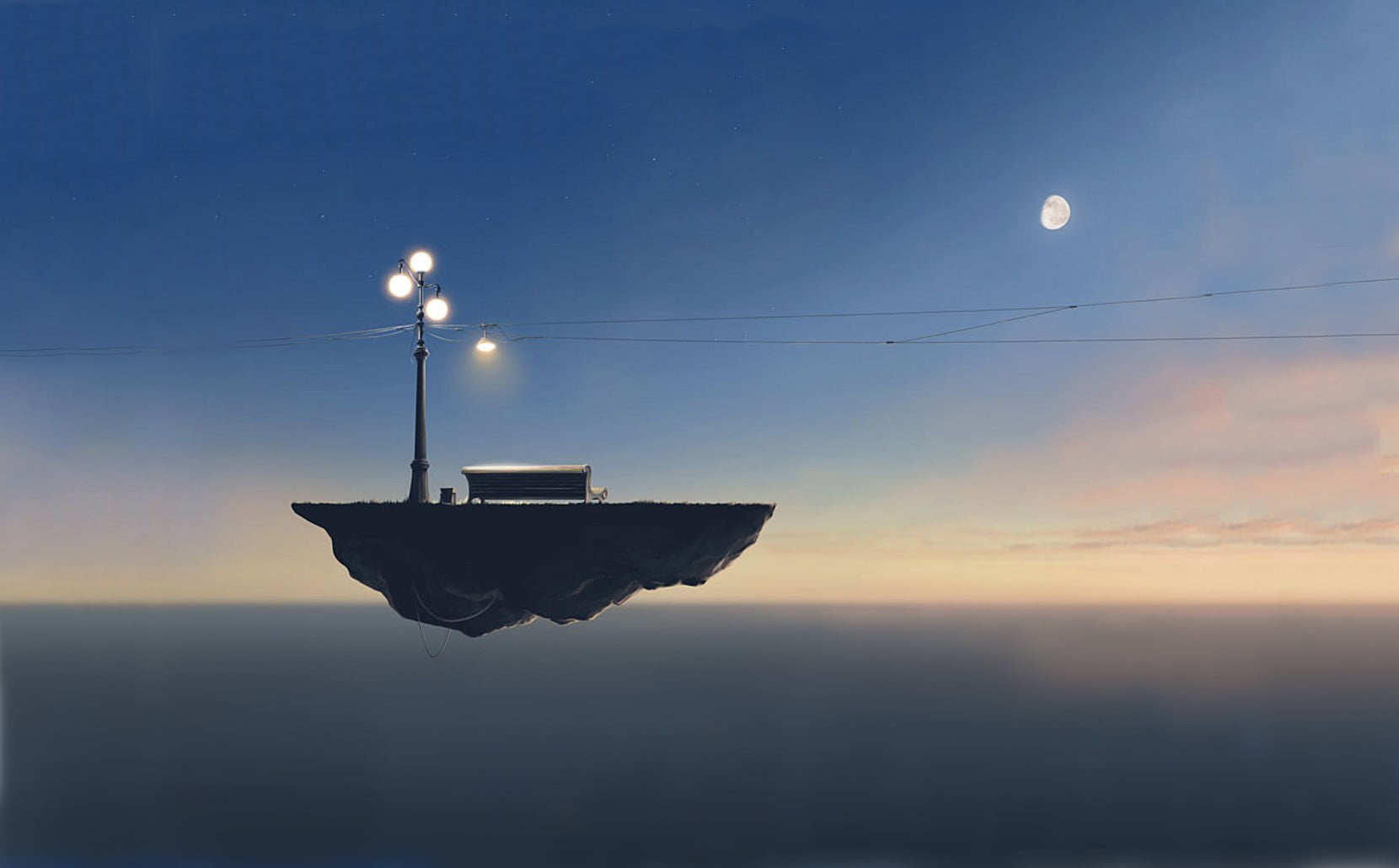 floating house wallpaper, floating island, sky, anime, moon, sunset