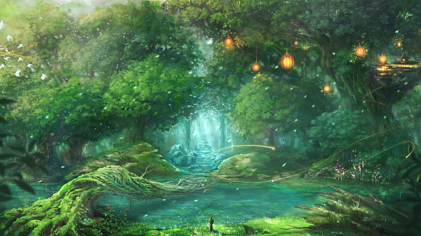 forest garden painting, fantasy art, plant, water, tree, green color