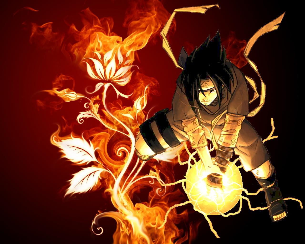 Uchiha Sasuke digital wallpaper, Naruto Shippuuden, flowers, fire