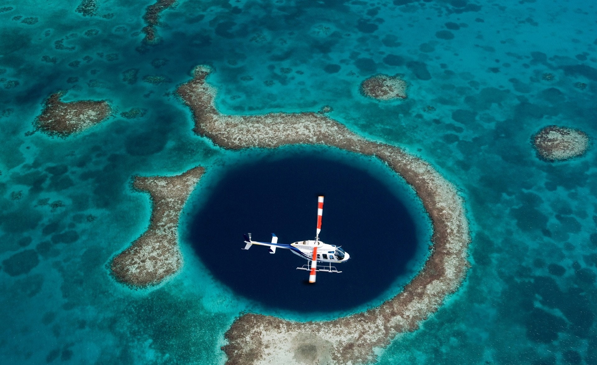 The Great Blue Hole, Belize, white and red helicopter, Travel