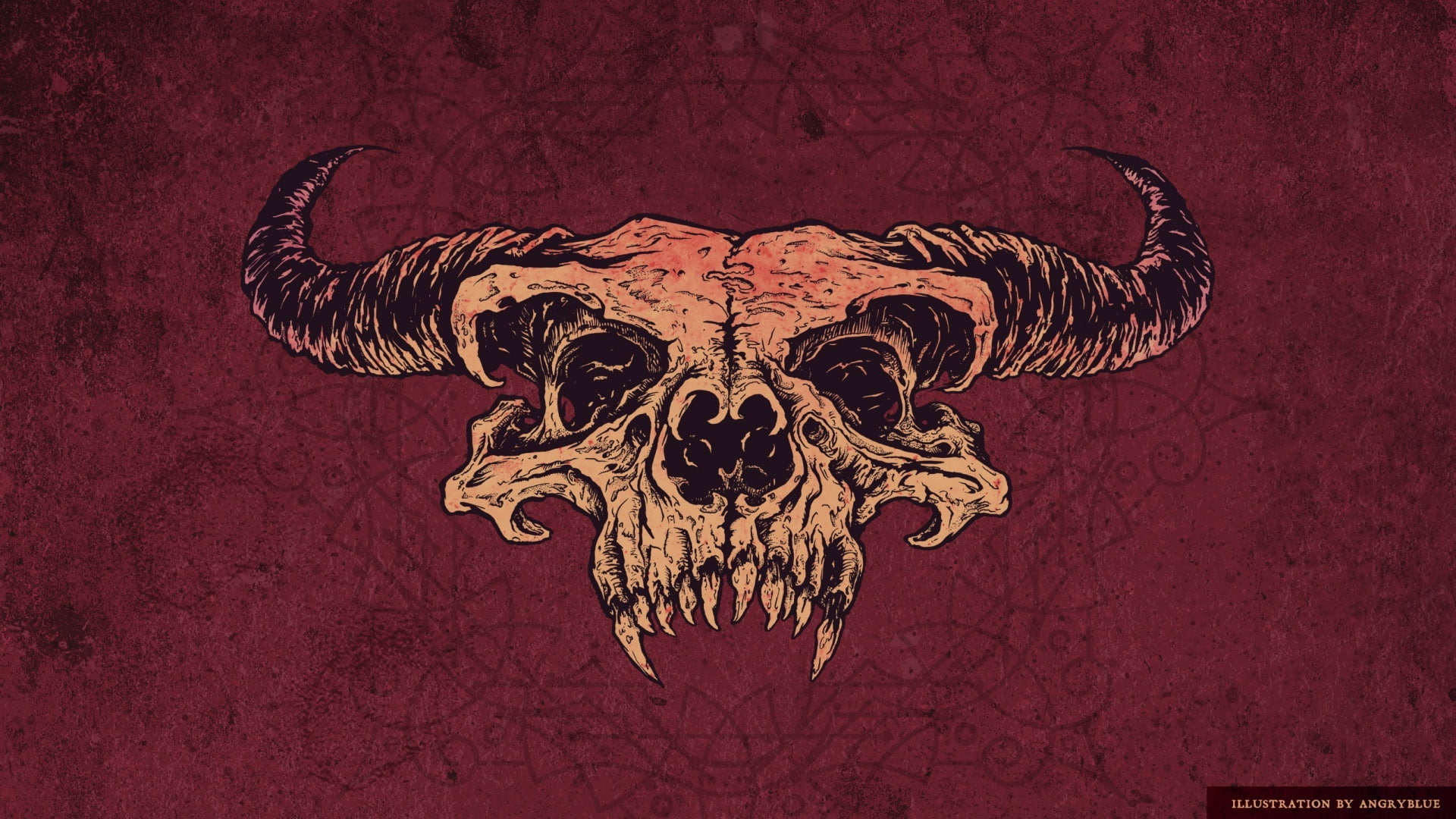 white and black bull skull logo, figure, horns, red background
