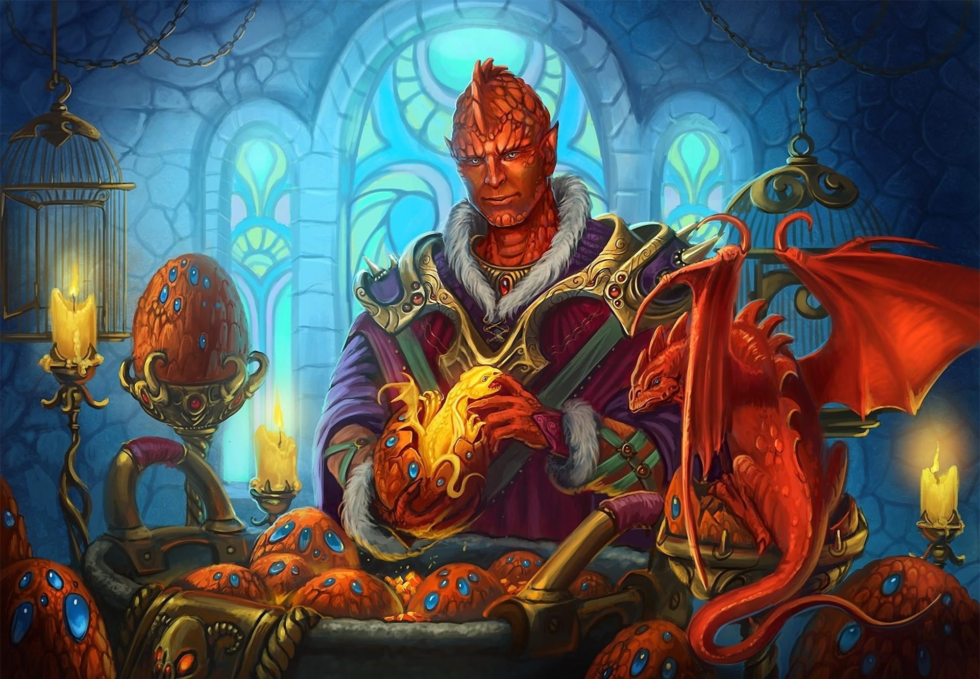 red dragon and humanoid figure art, egg, cells, castle, candles