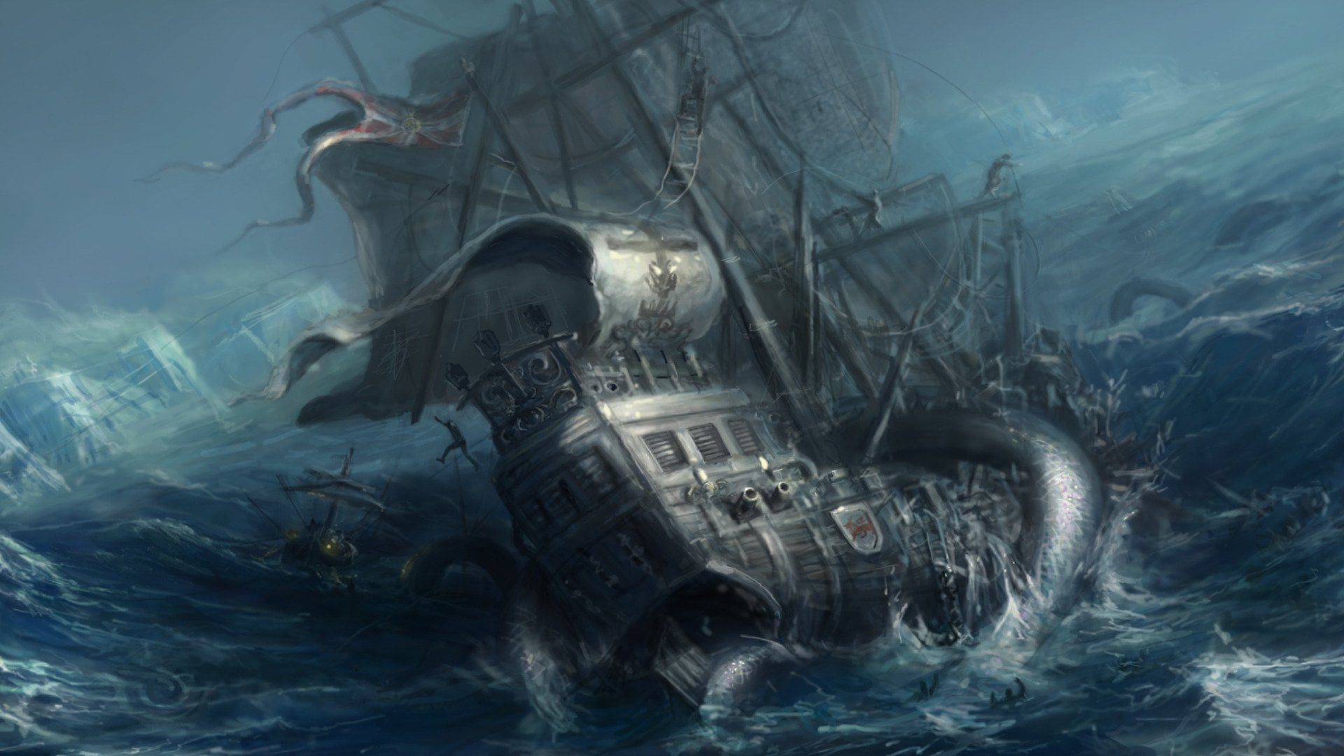 sailing ship wallpaper, Fantasy, Kraken, water, sea, underwater