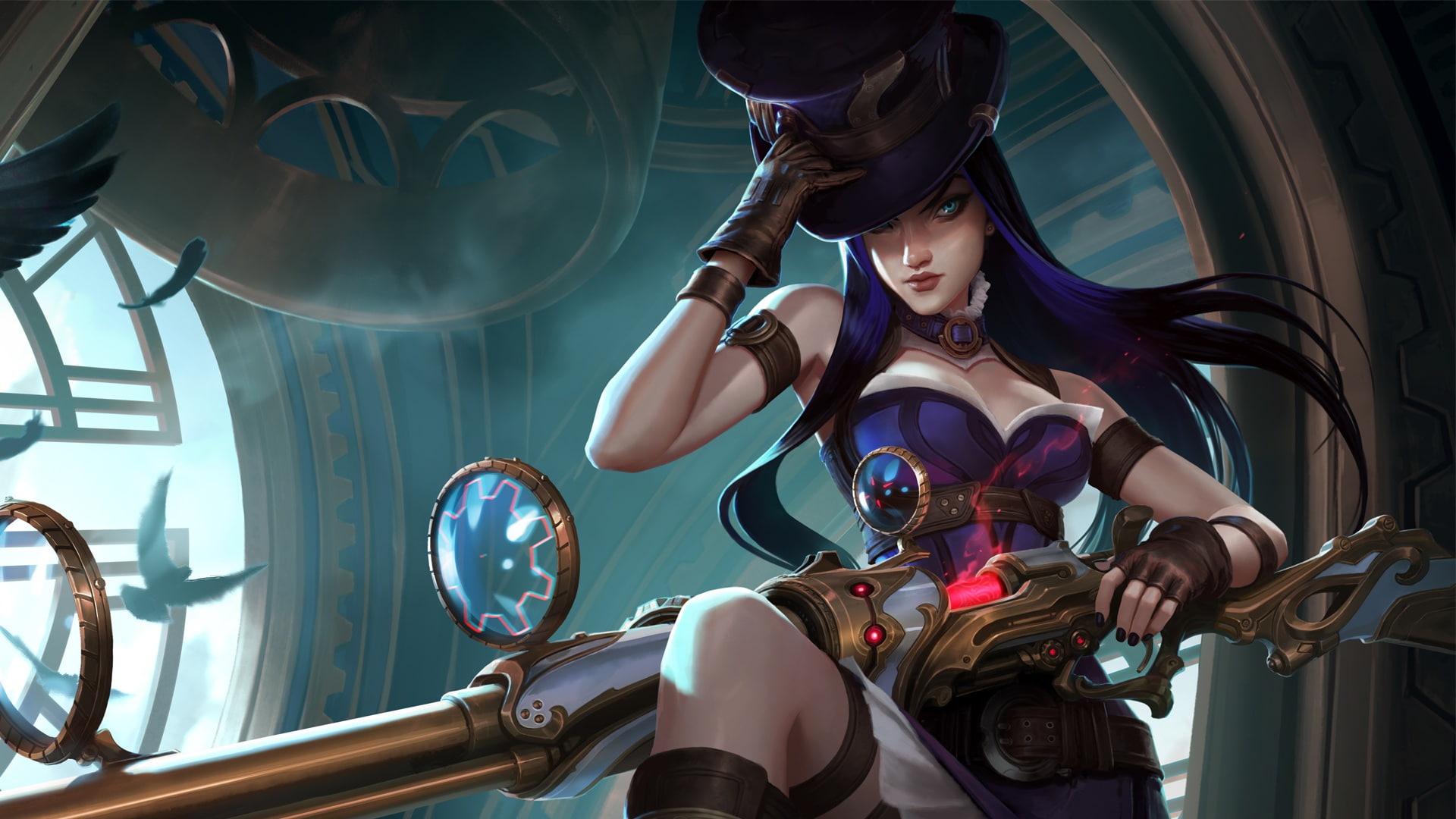 girl, fantasy, game, long hair, weapon, hat, blue eyes, League of Legends