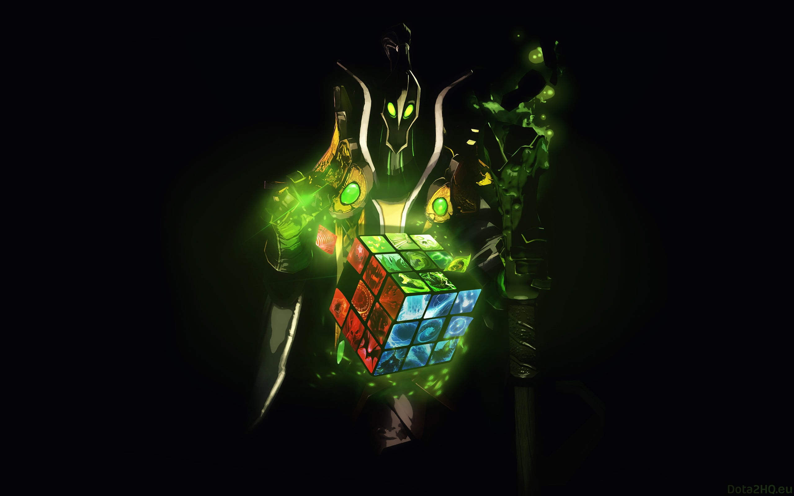Dota 2, Rubick the Grand Magus, Rubik's Cube, studio shot, green color