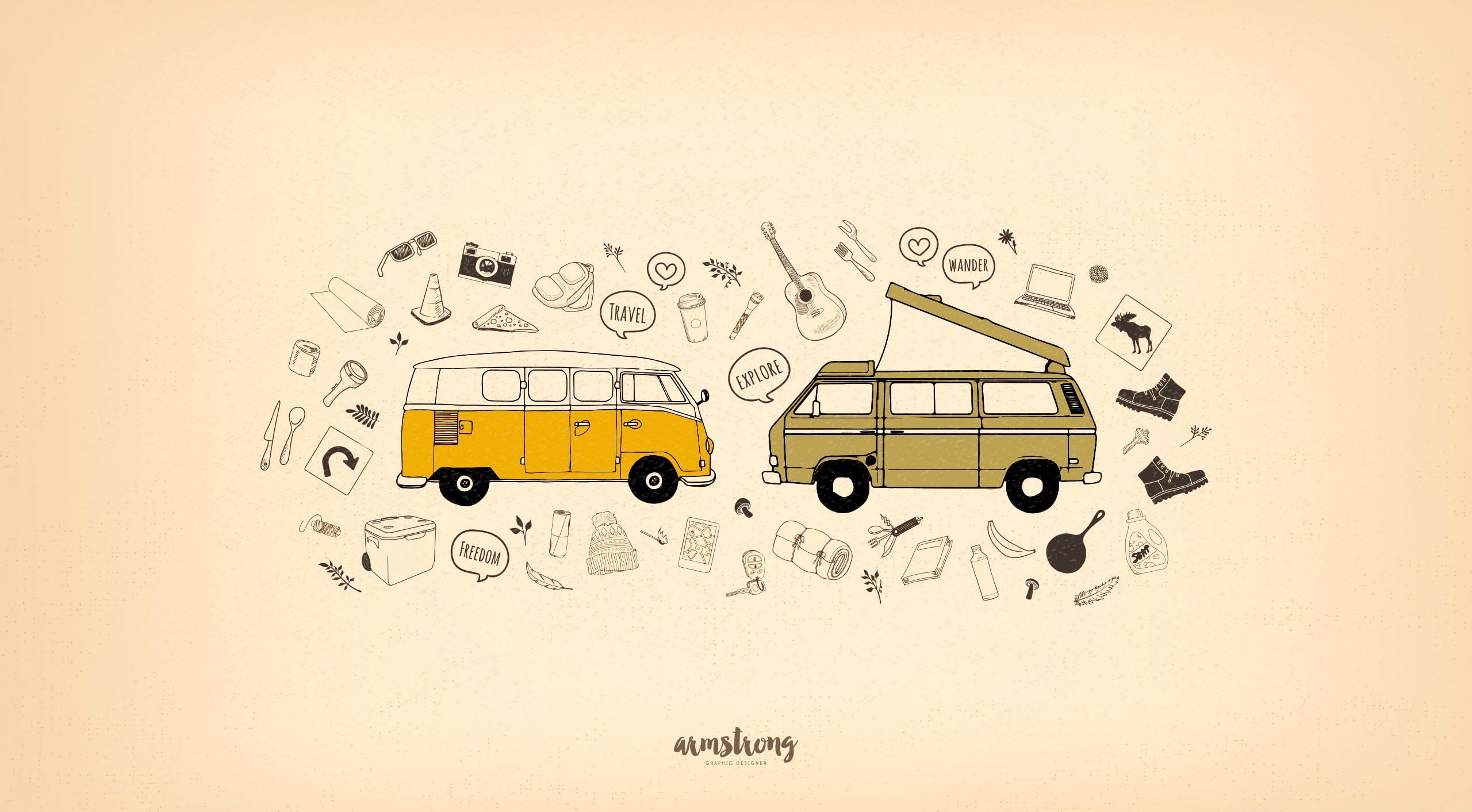 Van Life, two vans clip art, Aero, Vector Art, yellow, no people