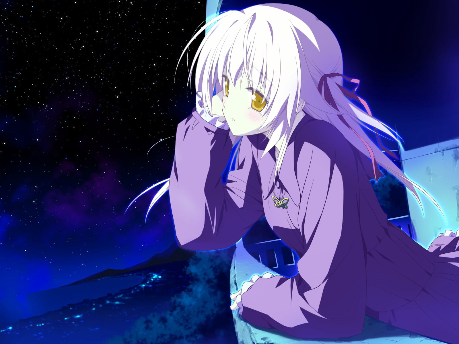 white haired female anime character illustration, game cg, hoshizora no memoria