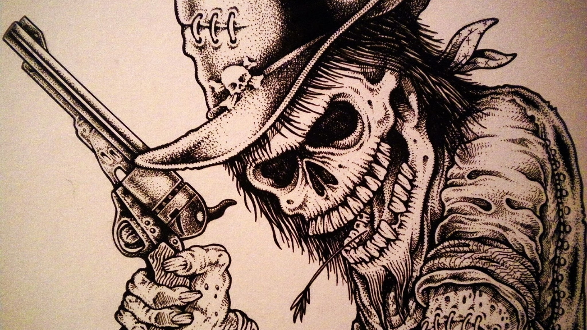 skull, cowboy hats, revolver, artwork
