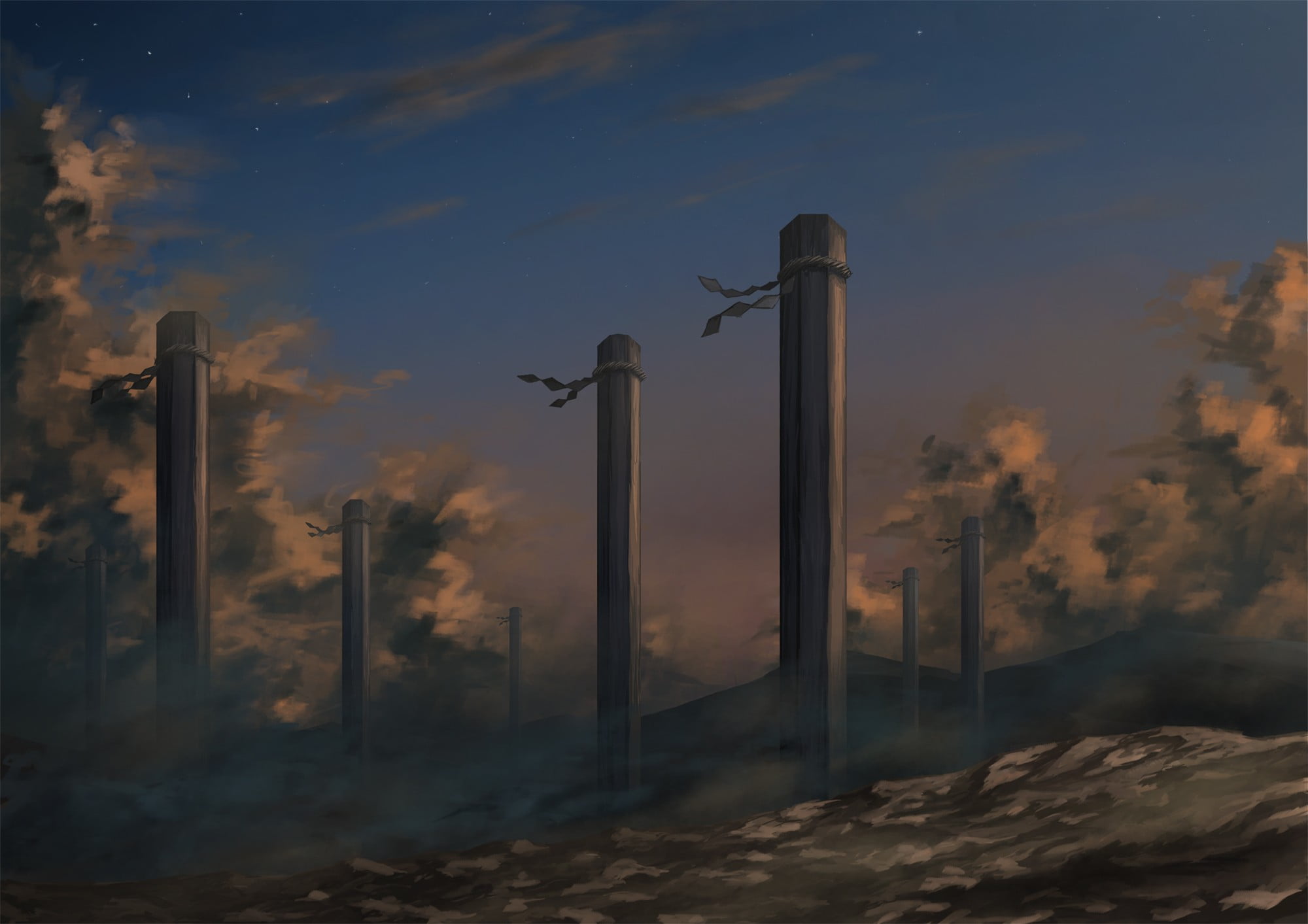 gray wooden posts illustration, landscape, fantasy art, sky, no people