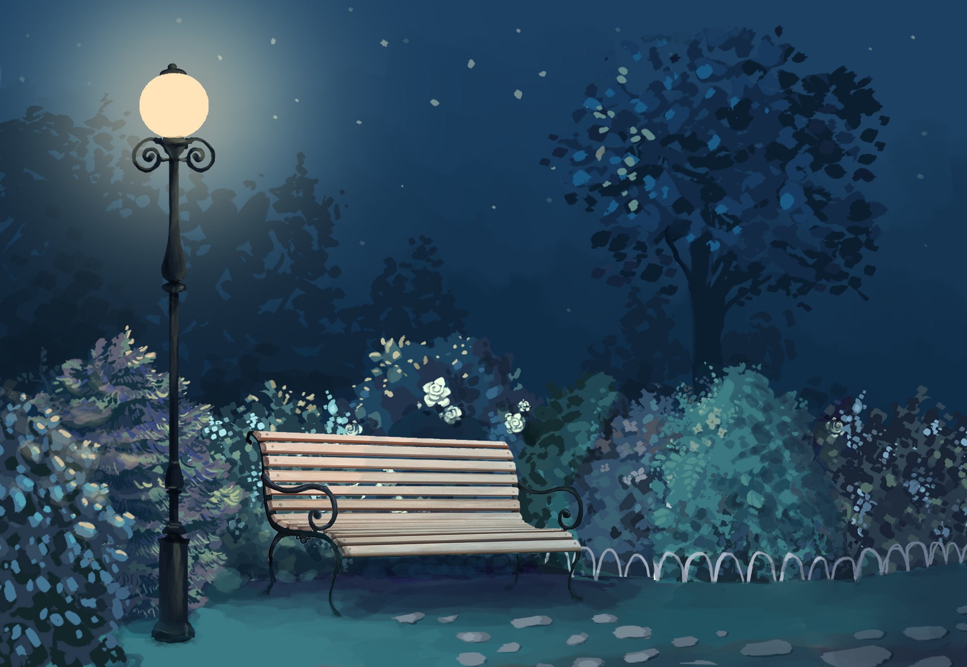 artwork, park, bench, lantern