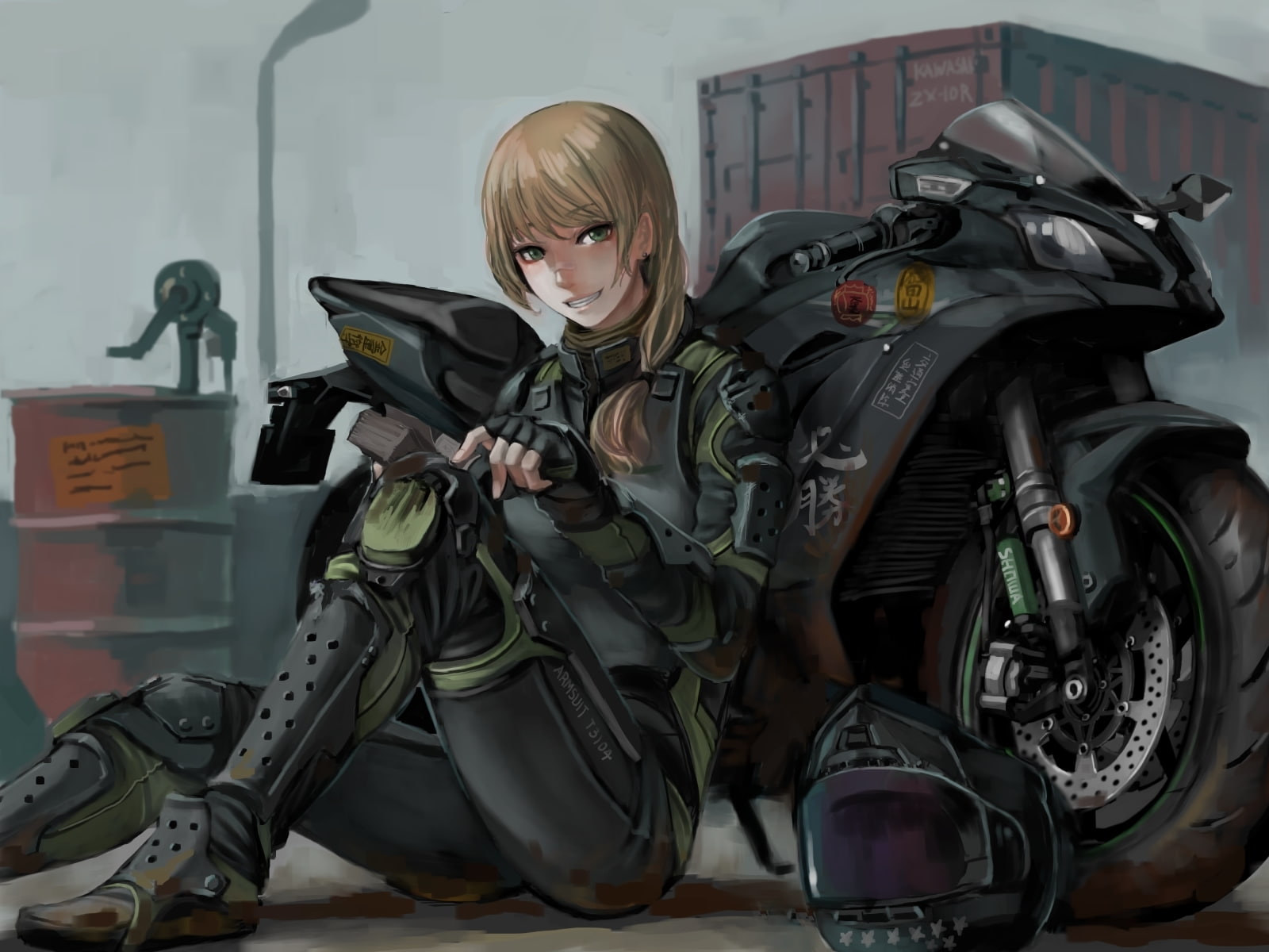 anime girl, smiling, bodysuit, motorcycle, blonde, armored