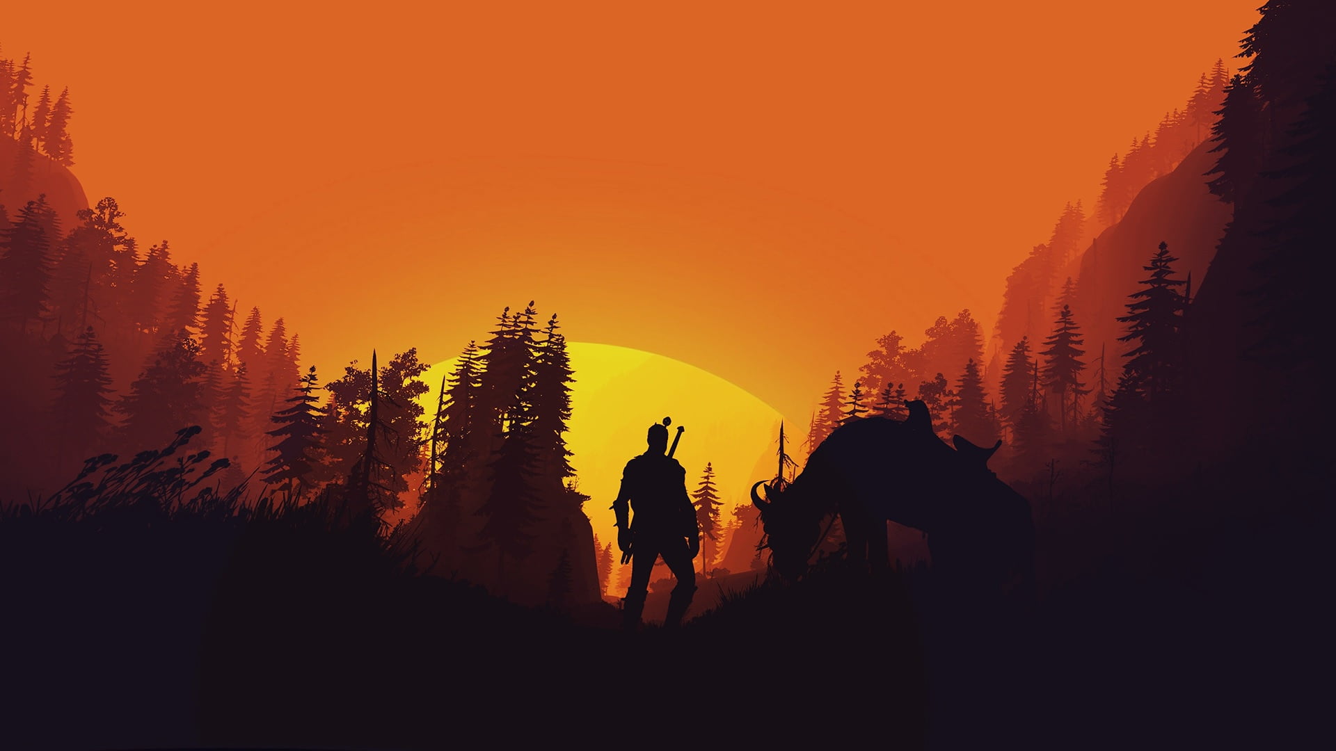 fantasy, game, forest, The Witcher, trees, sun, horse, weapons