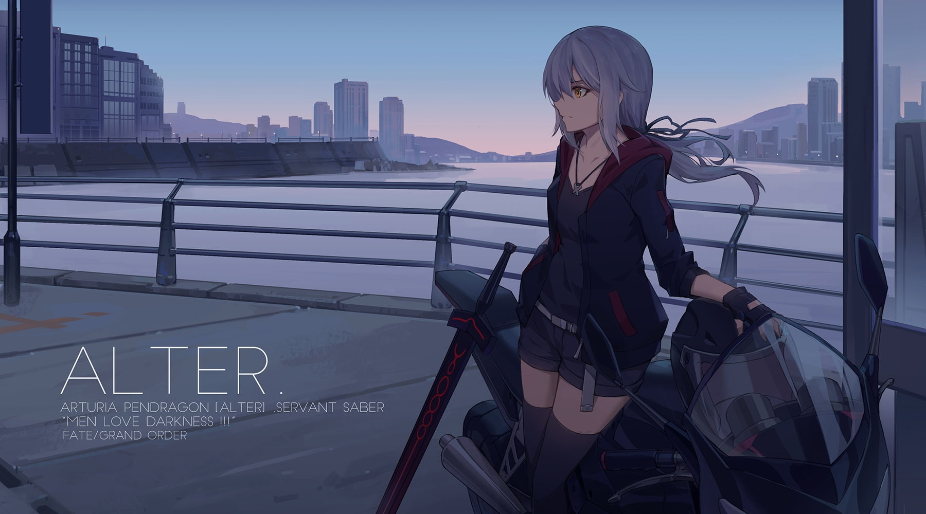 fate grand order, saber, motorcycle, ponytail, buildings, sword