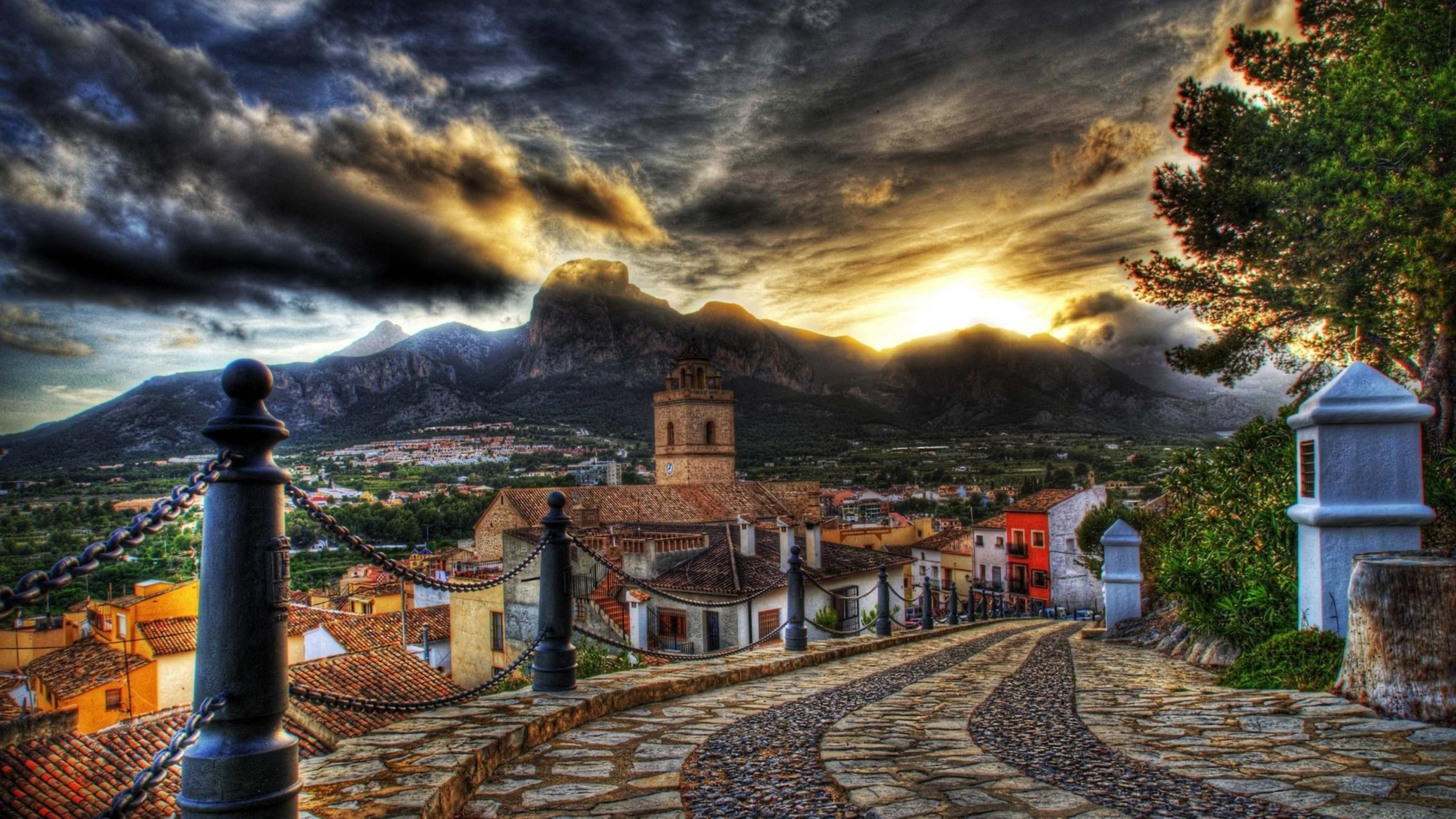 street, road, sunset, church, way, sky, architecture, mountain