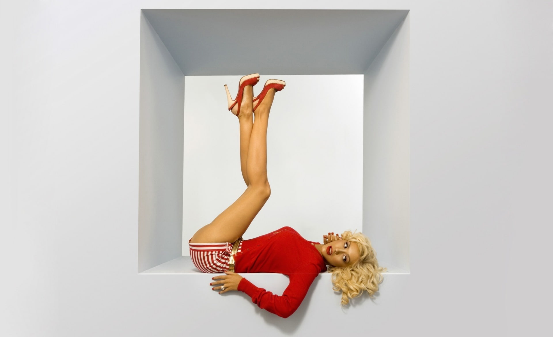 Christina Aguilera, women's red long-sleeved top and shorts, Music