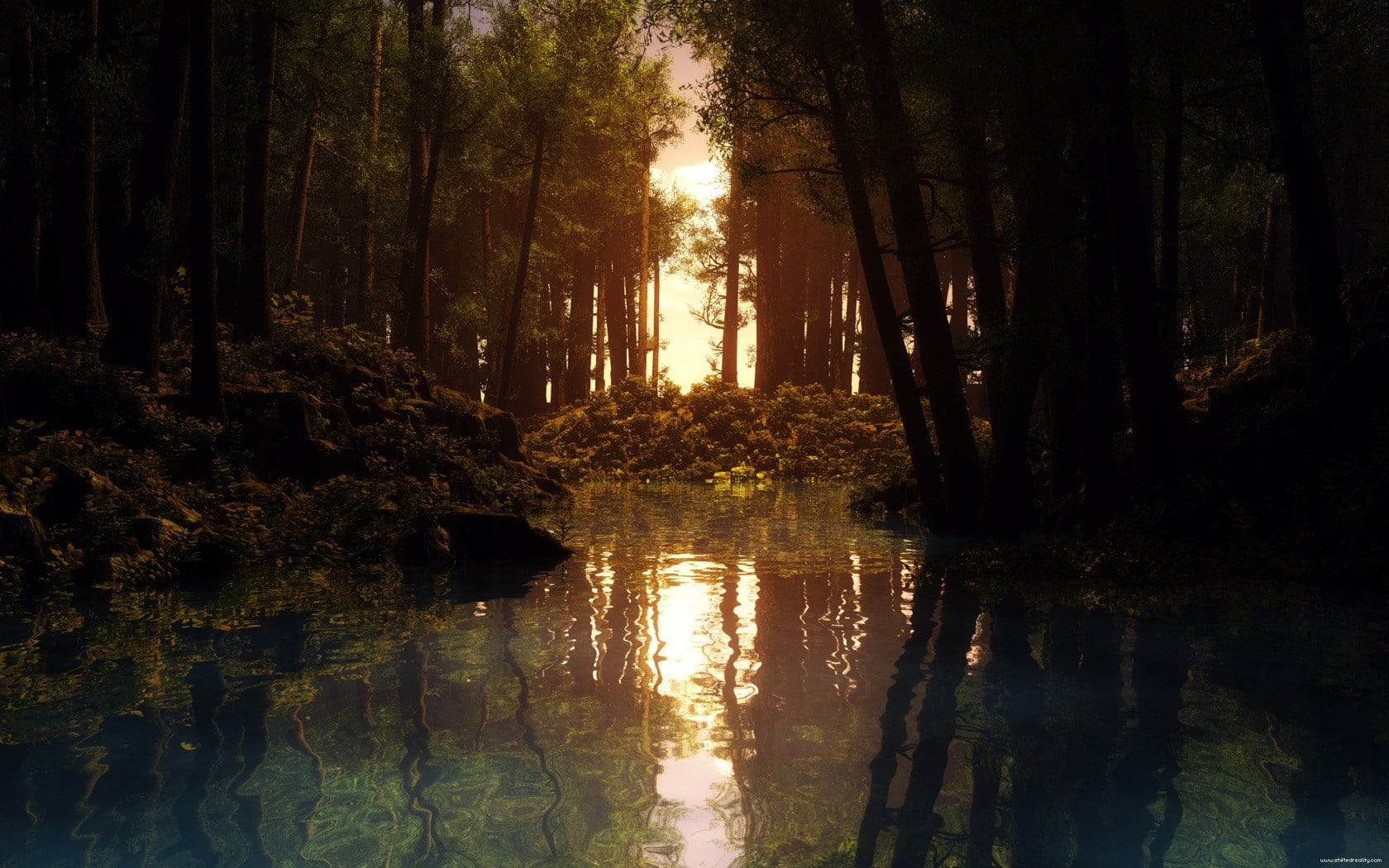 reflection, CGI, sunset, forest, creeks