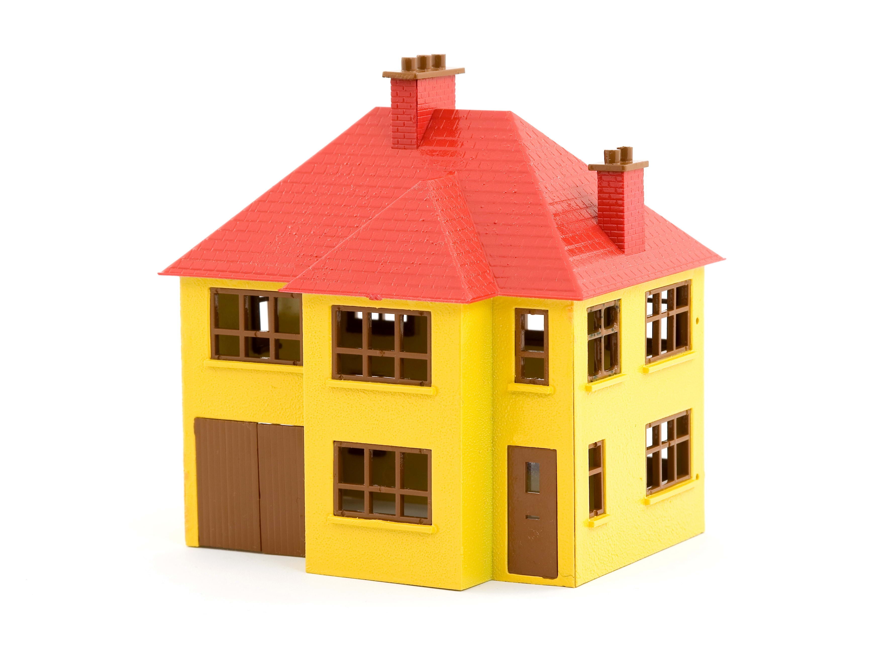 yellow and red house miniature, toy, white background, architecture