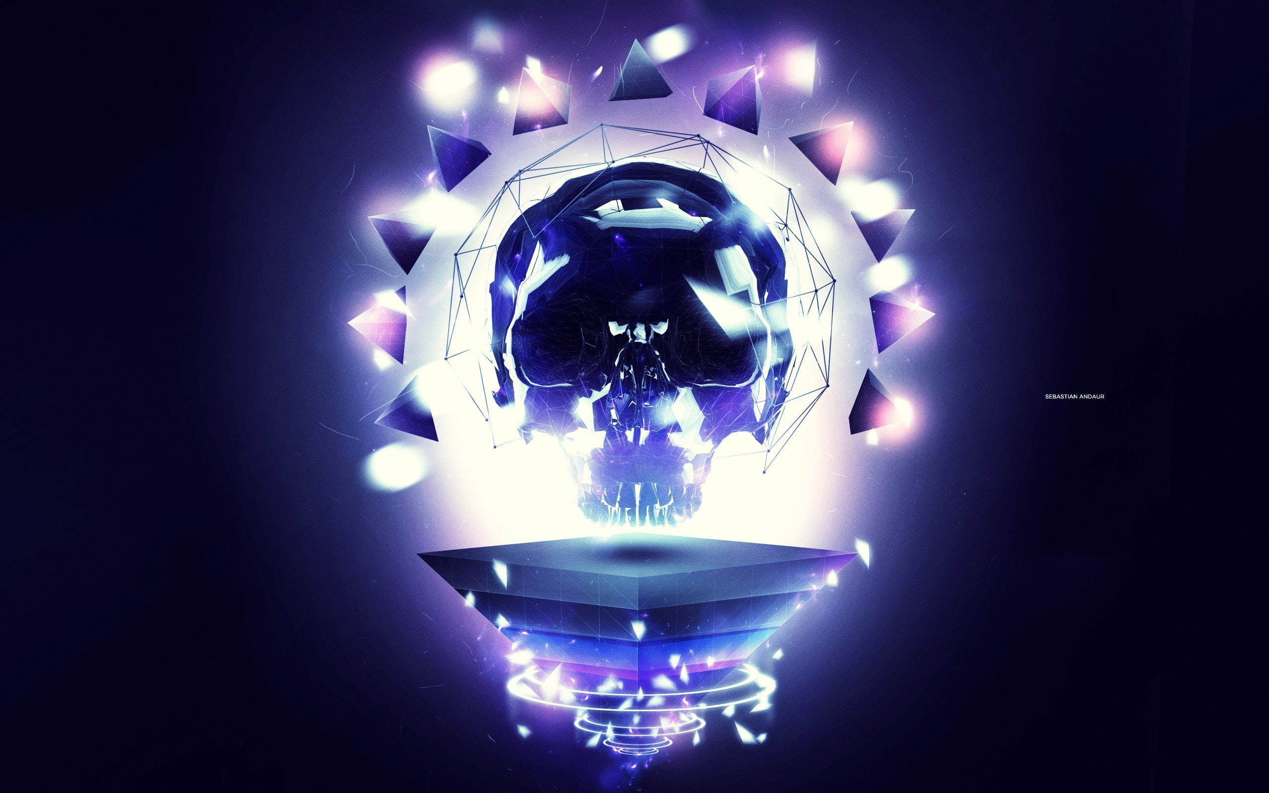 abstract, bulbs, diamonds, light, skulls