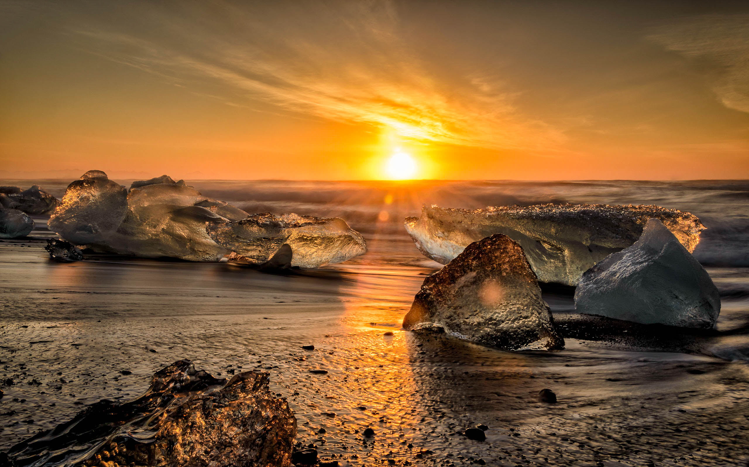 photo of ice during sunset on seashore, Iceberg, Sunrise, Black Sand Beach