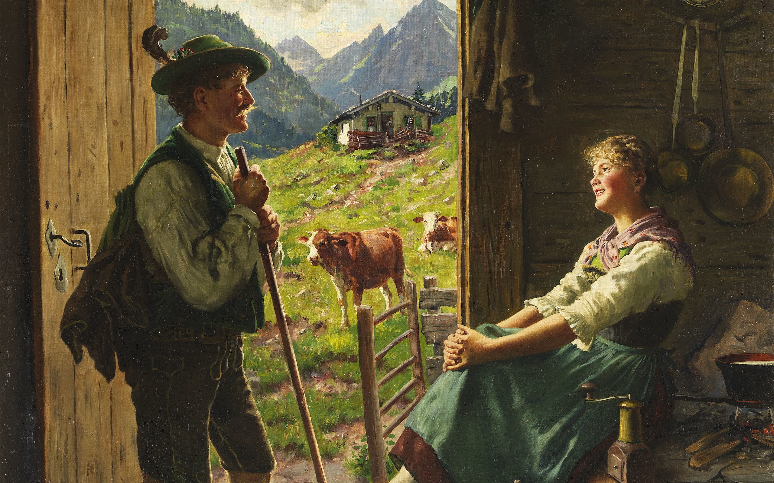 1880, German painter, Emil Rau, Visit on the Alm, A visit to the pasture