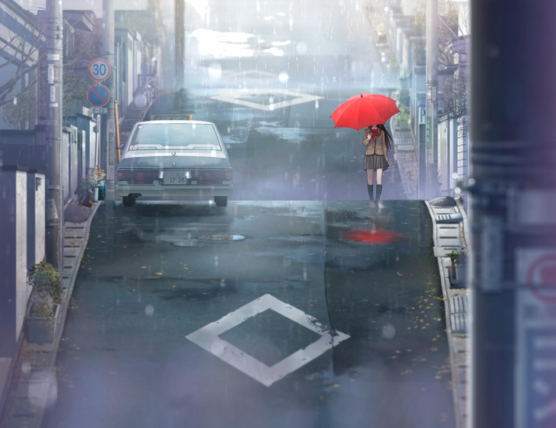 Aozaki Aoko, Umbrella, Schoolgirls, Street, Anime, Manga, Anime Girls, Rain, Mahoutsukai No Yoru