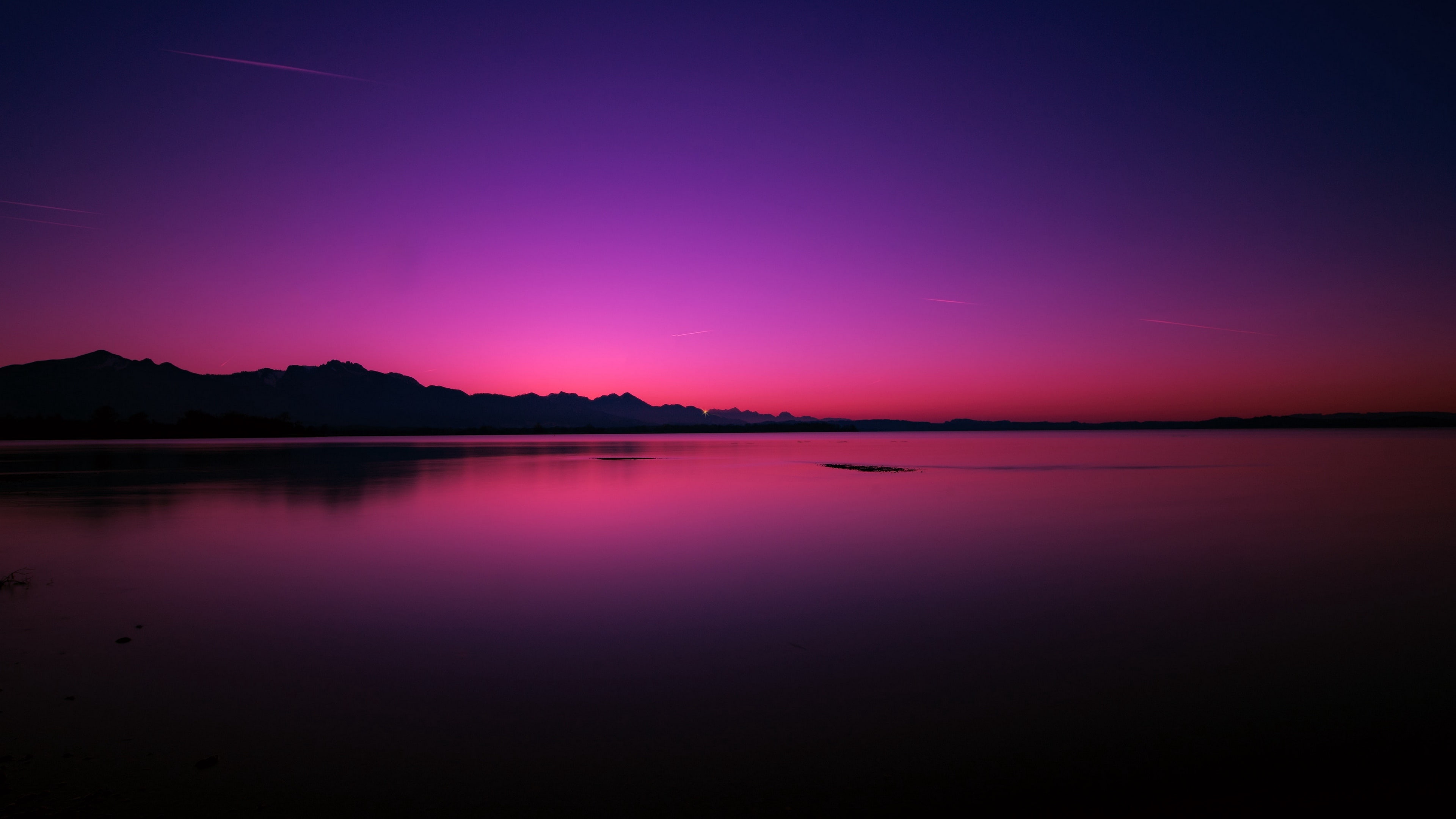 purple landscape, reflection, dusk, evening, pink sky, lake
