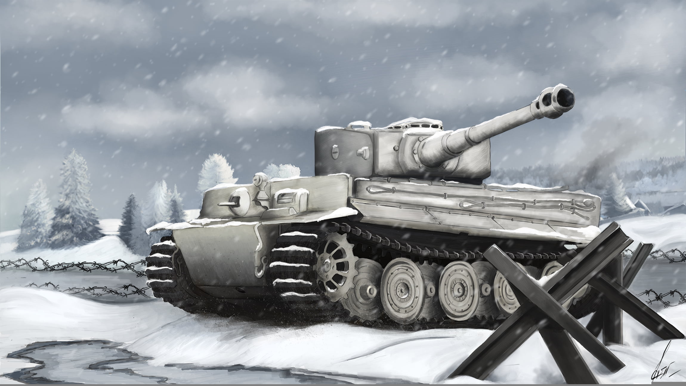 gray battle tank, winter, war, figure, Tiger, Art, German, The second World war