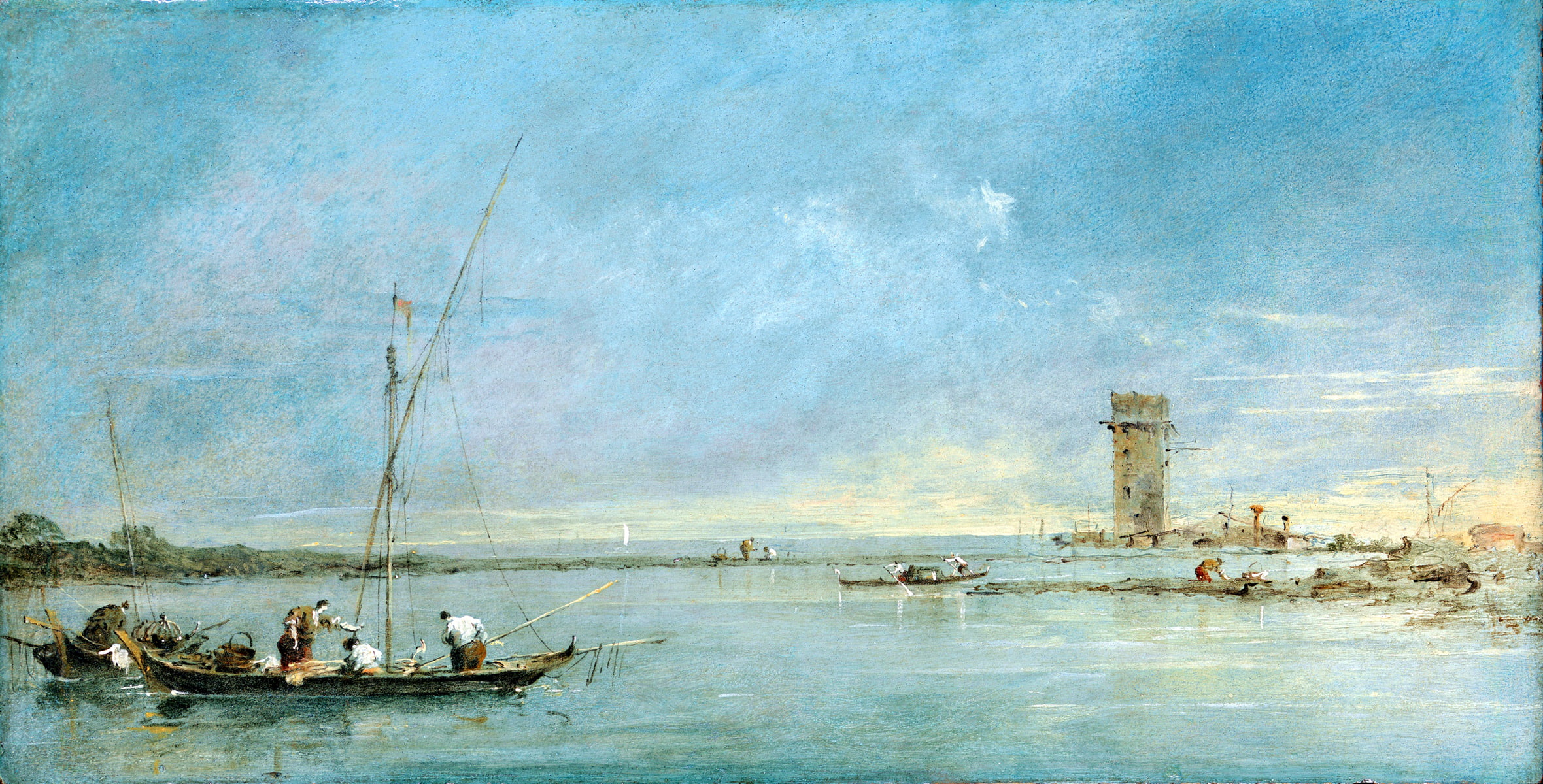 sea, the sky, landscape, people, boat, picture, the view of the Venetian lagoon with the tower of Malghera