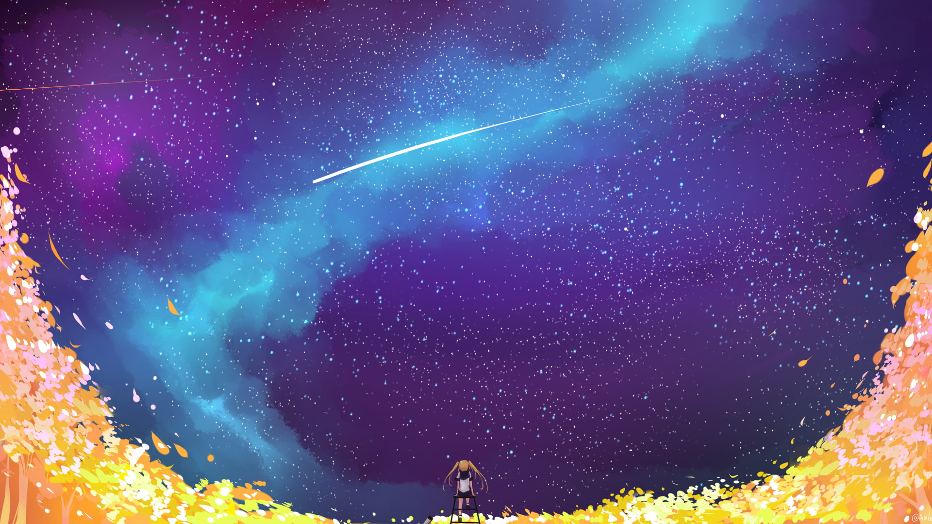 anime girl, space, stars, galaxy, falling stars, petals