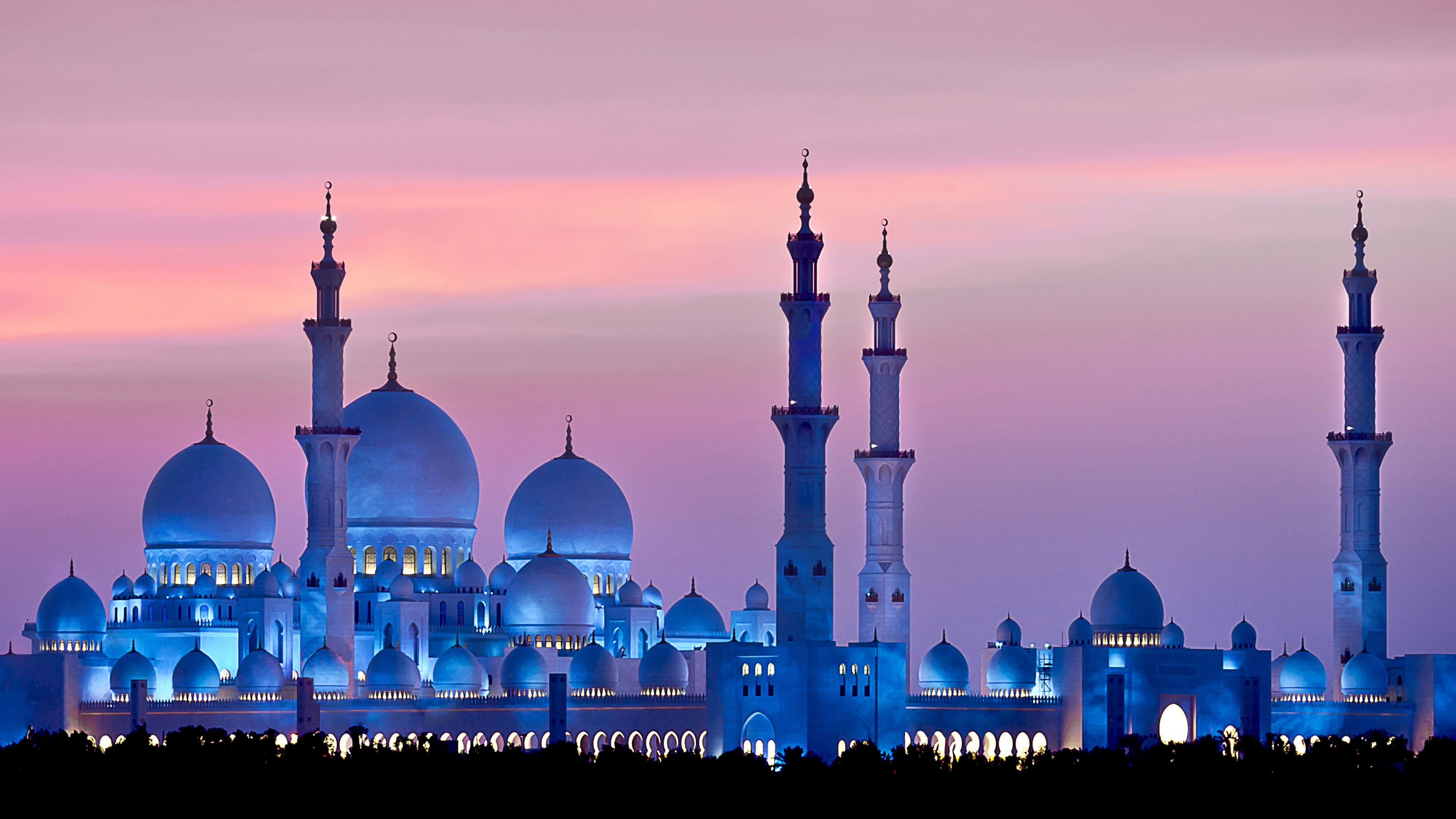 gray mosque with lights on, Sheikh Zayed Mosque, Abu Dhabi, sky