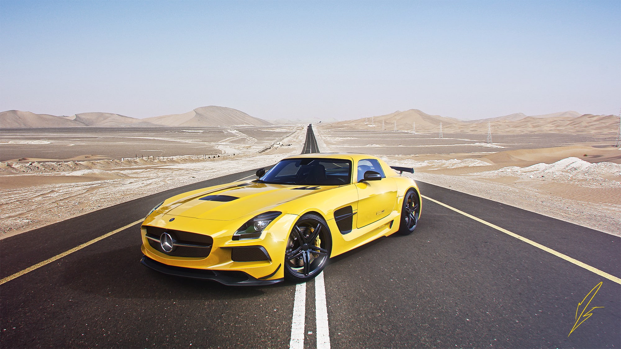 Mercedes-Benz, AMG, SLS, yellow mercedes benz coupe, Black Edition