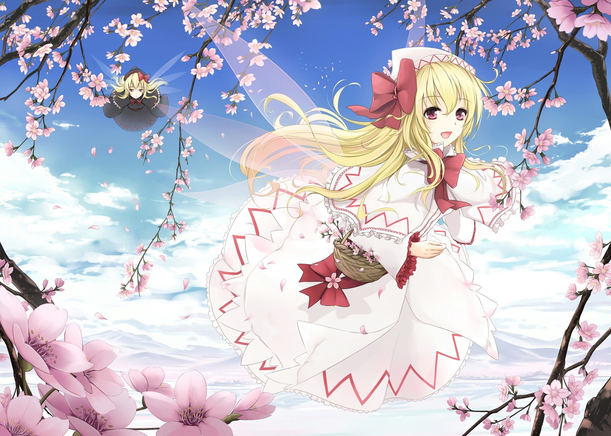 anime, baskets, black, blondes, blossoms, bows, branches, cherry
