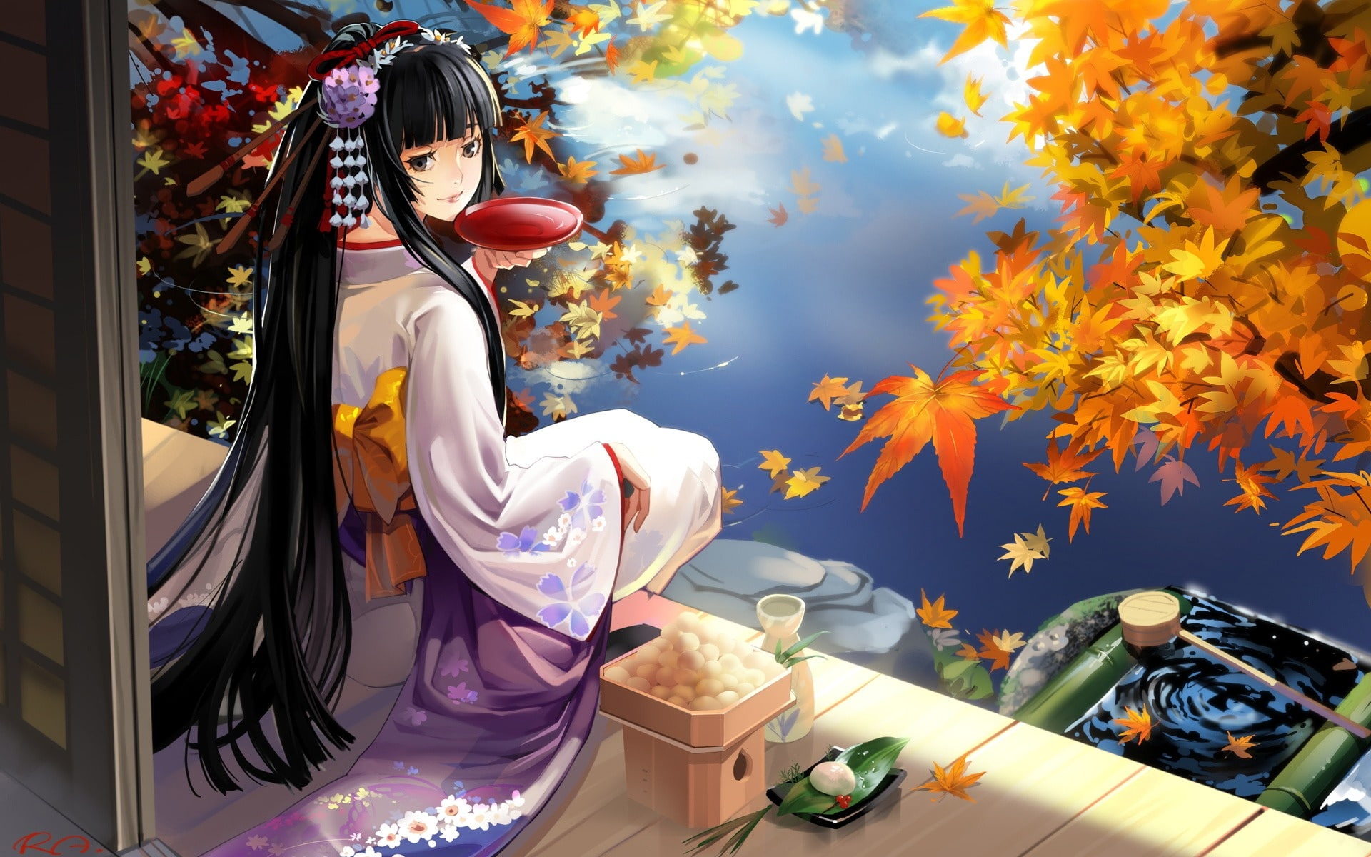 Geisha Anime, black haired woman in floral yukata drinking sake illustration
